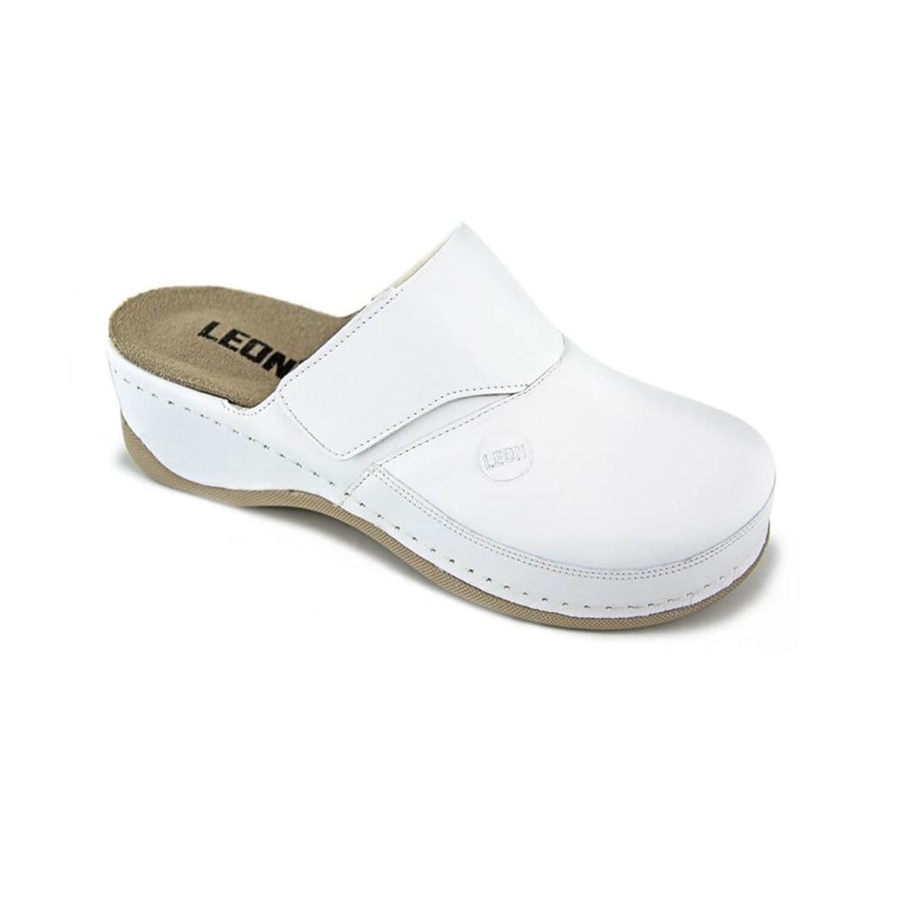 Weißer Komfortschuh. Obermaterial und Riemen. Marke LEON. Innensohle mit Logo. Beige Sohle. Größe 36.