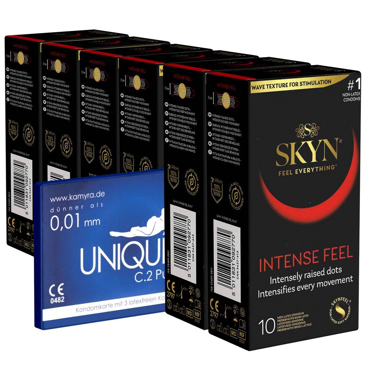 Mehrere Schachteln SKYN *Intense Feel* Kondome. Schwarze Verpackung mit roter Linie und Text. Zehn Kondome pro Packung.