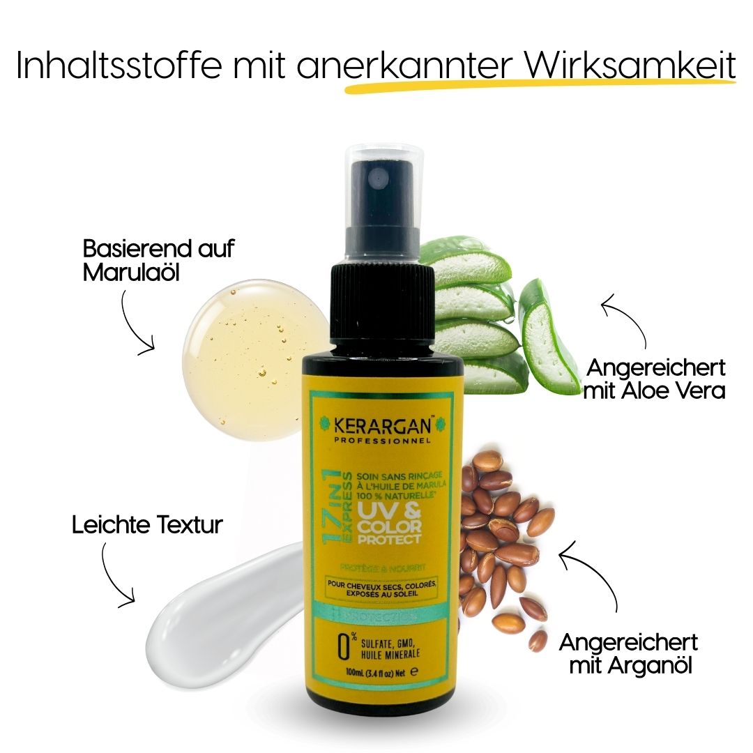 Kerargan UV- & Farbschutz-Tonikum. Gelbe Flasche mit Sprühkopf. Inhaltsstoffe: Marulaöl, Aloe Vera, Arganöl, Textur.