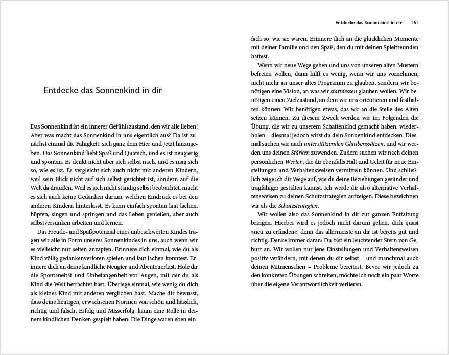 Buchseite mit Text. Titel: "Entdecke das Sonnenkind in dir". Text in schwarzer Schrift auf weißem Hintergrund. Keine Illustrationen.