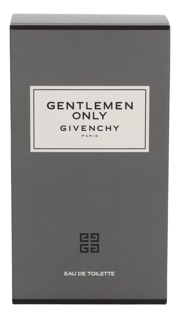 Graue rechteckige Schachtel. Aufschrift: GENTLEMEN ONLY, GIVENCHY, Paris. Unterhalb: Eau de Toilette. Logo unten.