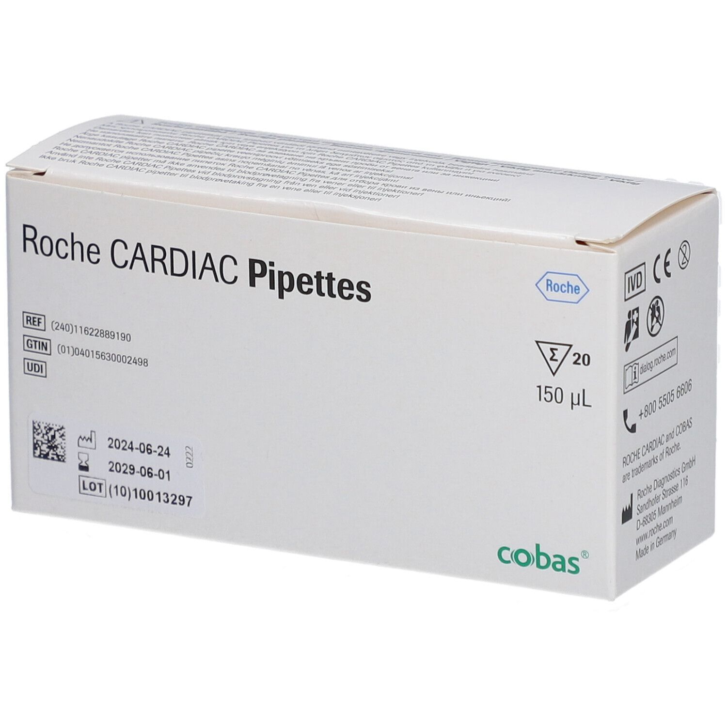 Roche CARDIAC Pipetten-Verpackung. Weiße Schachtel mit Produktnamen, Logo, Chargen- und Verfallsdaten. 150 µL, 20 Stück.
