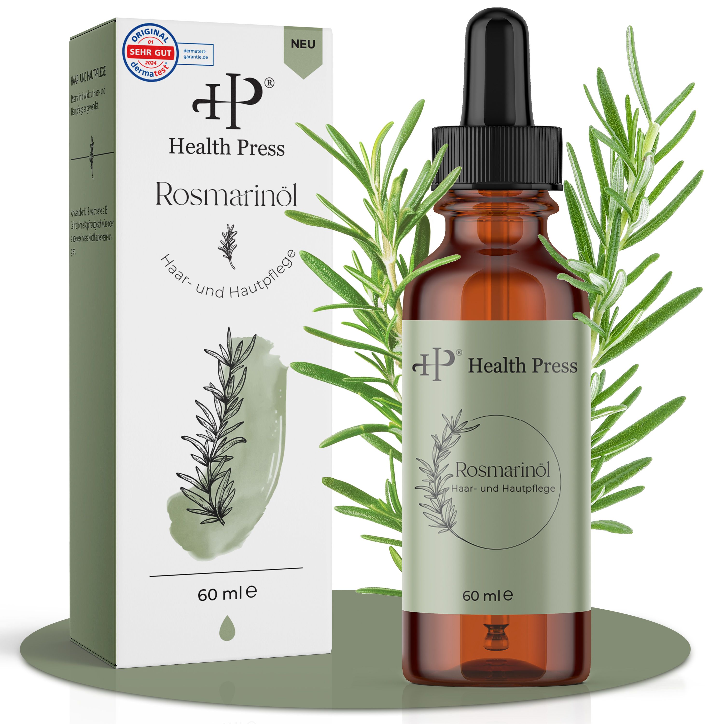 Braune Glasflasche mit Rosmarinöl, Tropfer und Verpackung. Aufschrift: Health Press Rosmarinöl Haar- & Hautpflege. 60 ml.