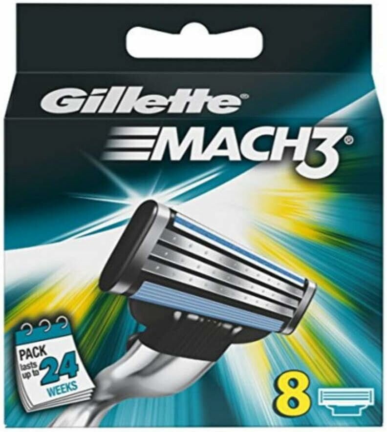 Verpackung mit Rasierklingen. Marke Gillette Mach3. Enthält 8 Klingen. Aufdruck: Pack lasts up to 24 weeks.