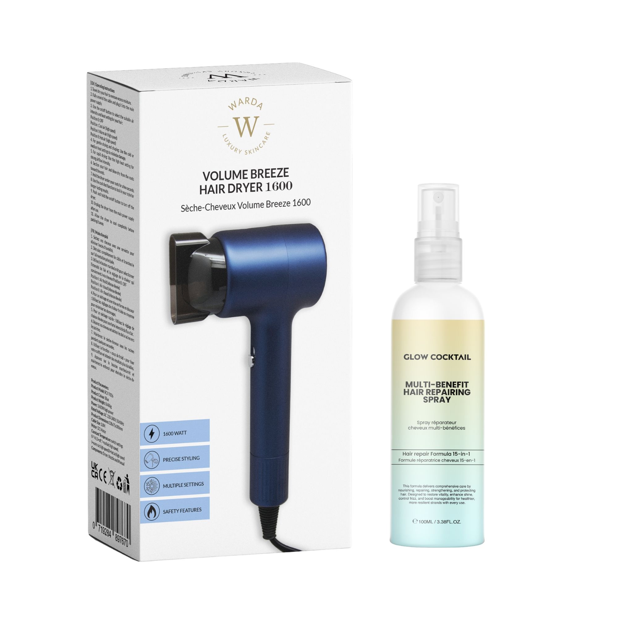 Glow Cocktail Asciugacapelli Volume Breeze con Spray Multifunzionale Riparatore per Capelli