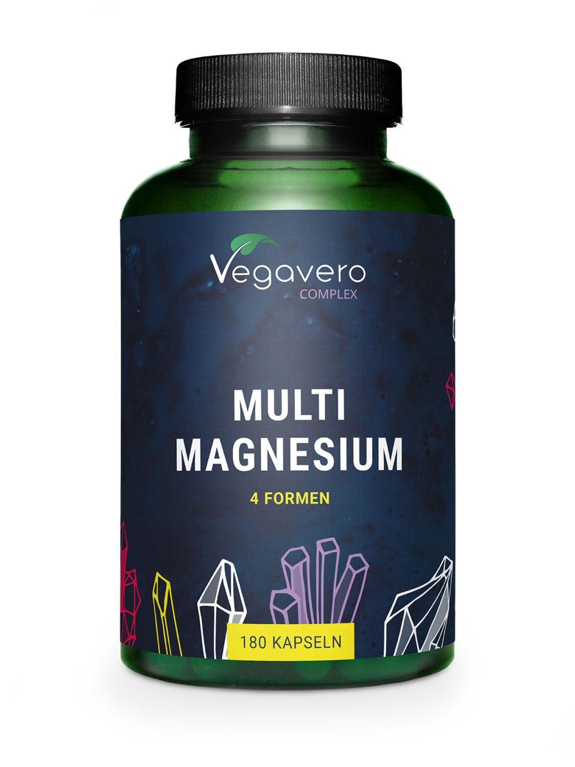 Grüne Flasche mit schwarzem Deckel. Aufschrift: Multi Magnesium, 4 Formen, 180 Kapseln. Marke: Vegavero Complex.