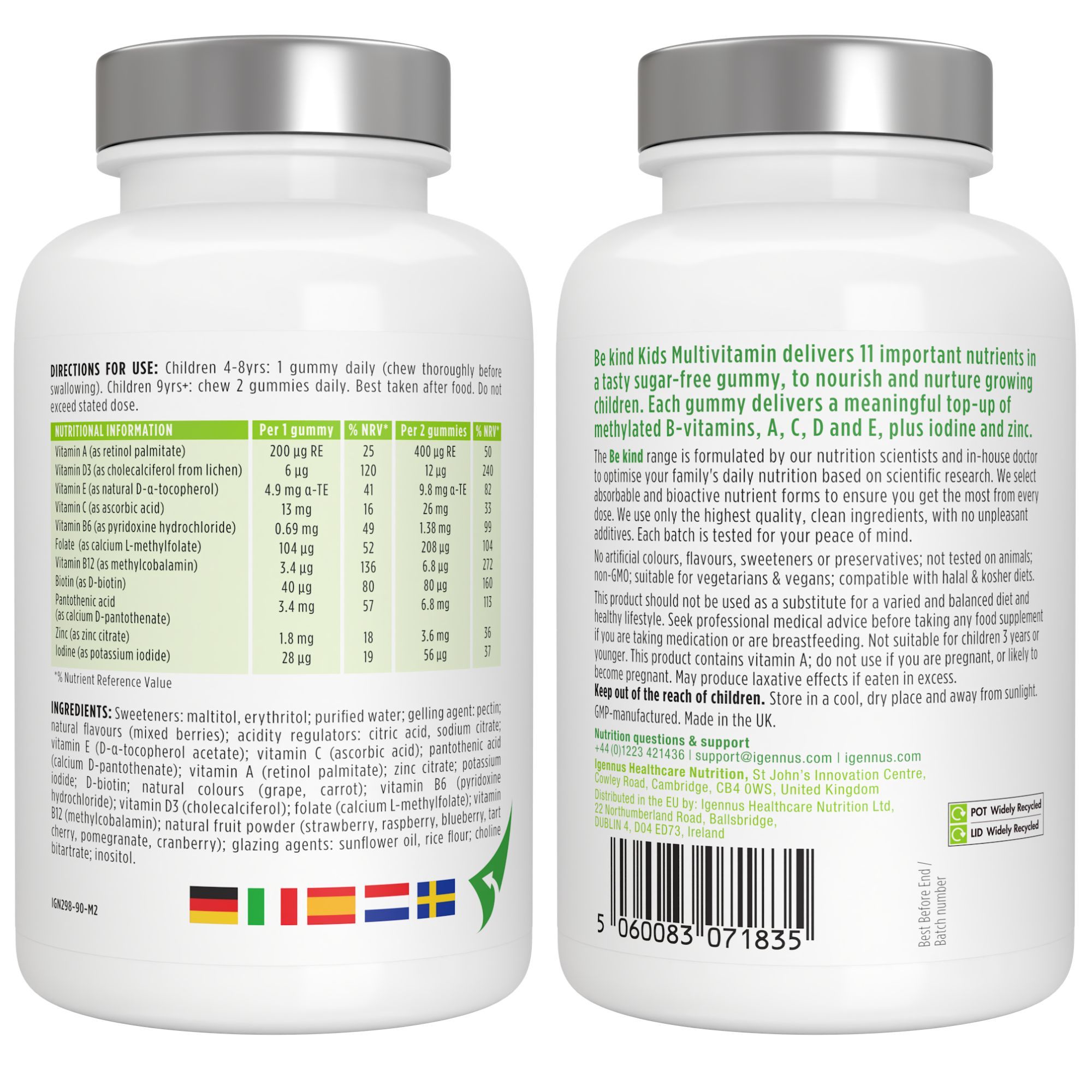 Zwei Flaschen mit Fruchtgummis. Text: Be kind Kids Multivitamin. 11 wichtige Nährstoffe. Gebrauchsanweisung. Inhaltsstoffe. Vegan.