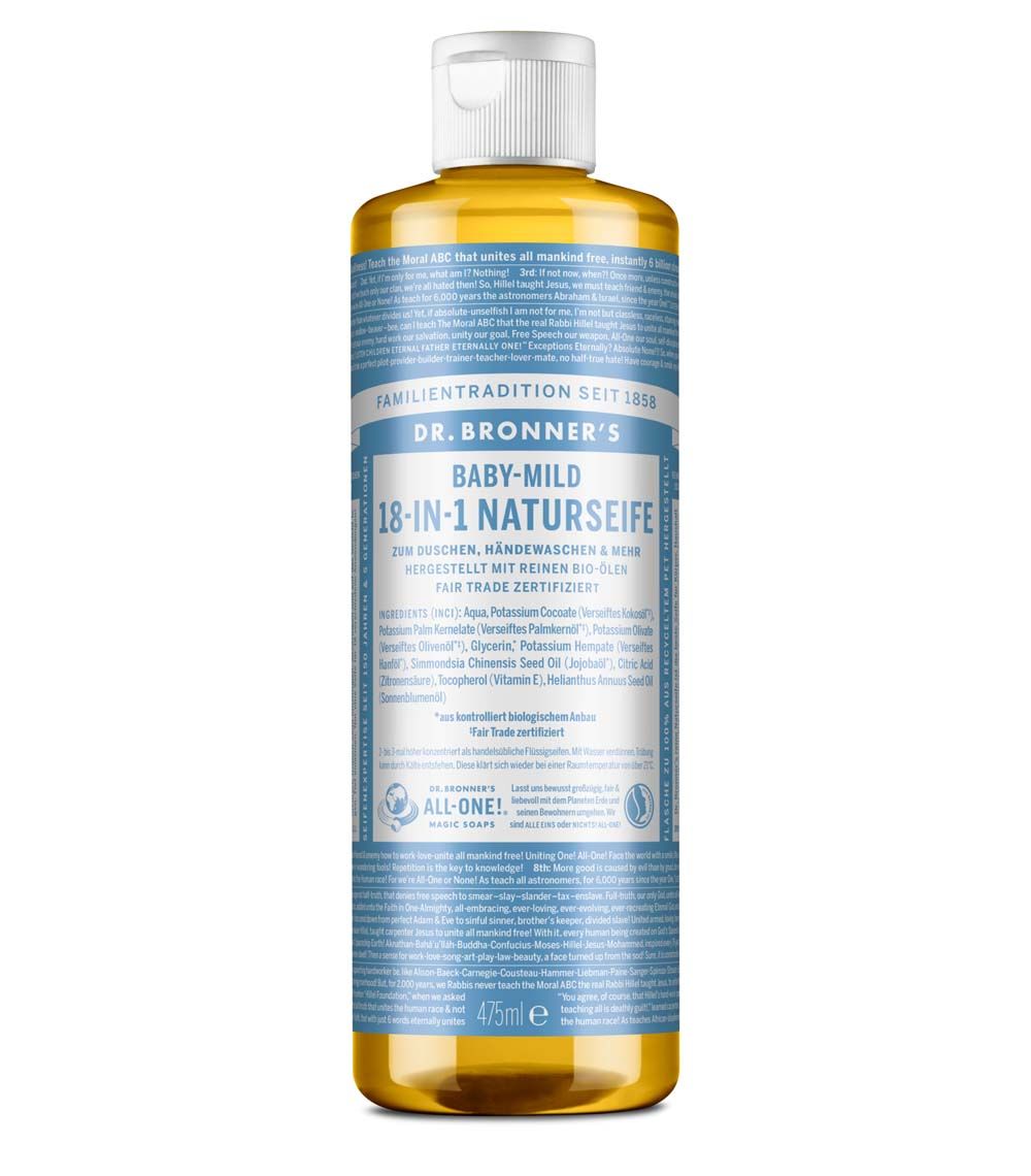 Dr. Bronner's Baby-Mild Naturseife. Flasche mit weißem Deckel, blau-weißem Etikett. Text: 18-in-1, Naturseife, 475ml.