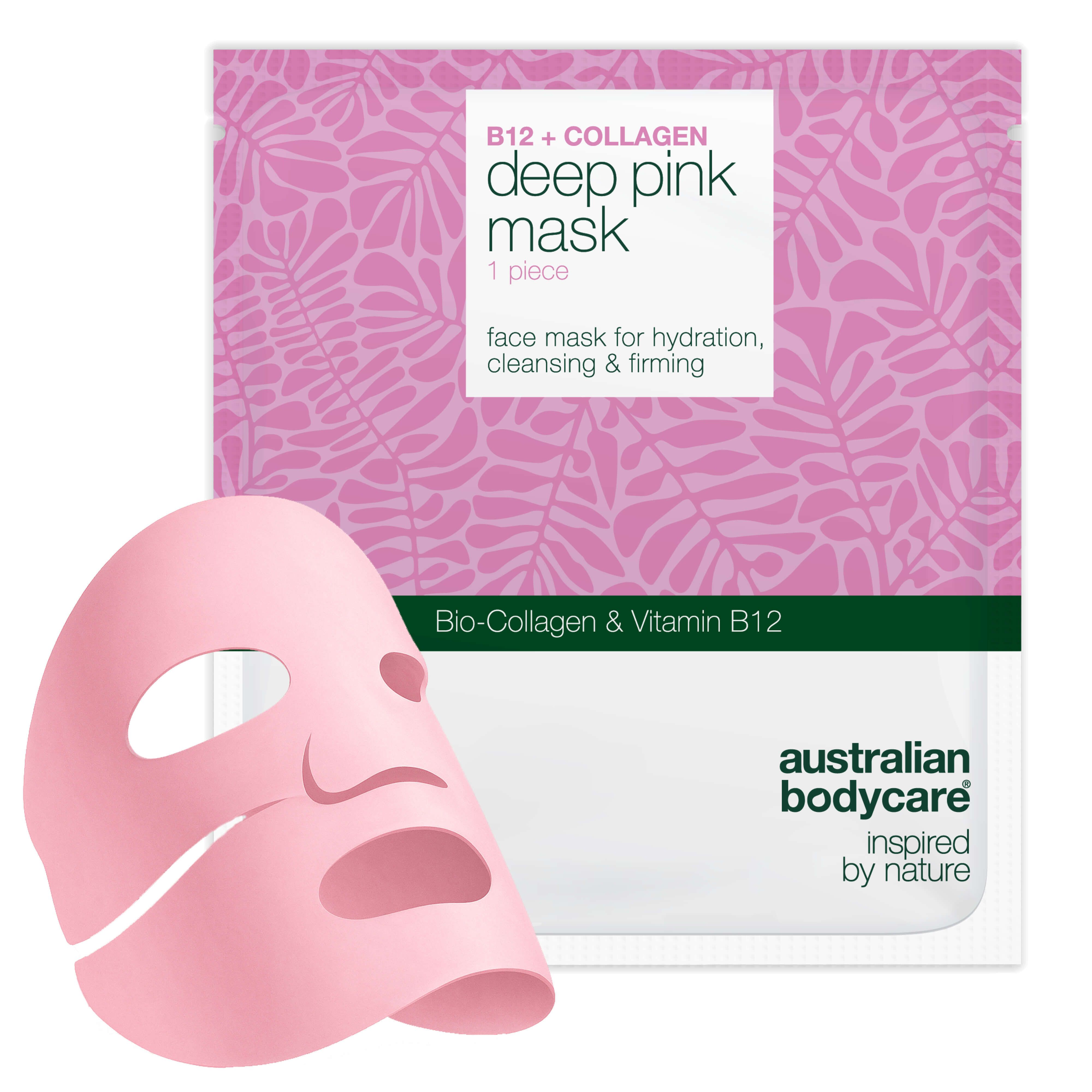 Rosa Gesichtsmaske und Verpackung. Text: B12 + COLLAGEN, deep pink mask, 1 piece, Australian Bodycare.