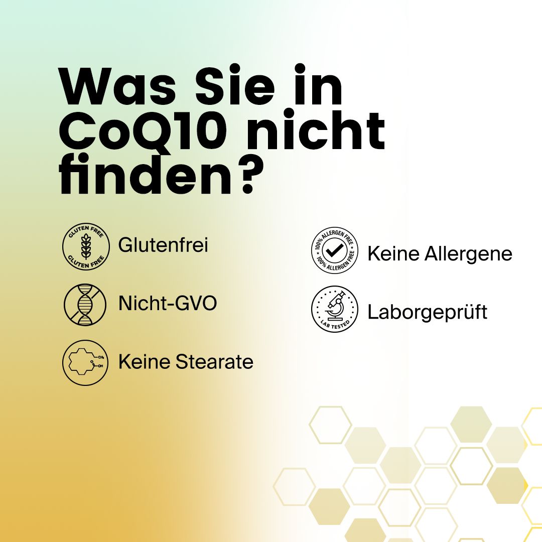 Text mit Symbolen. Text: Was Sie in CoQ10 nicht finden? Glutenfrei, Keine Allergene, Nicht-GVO, Laborgeprüft, Keine Stearate.