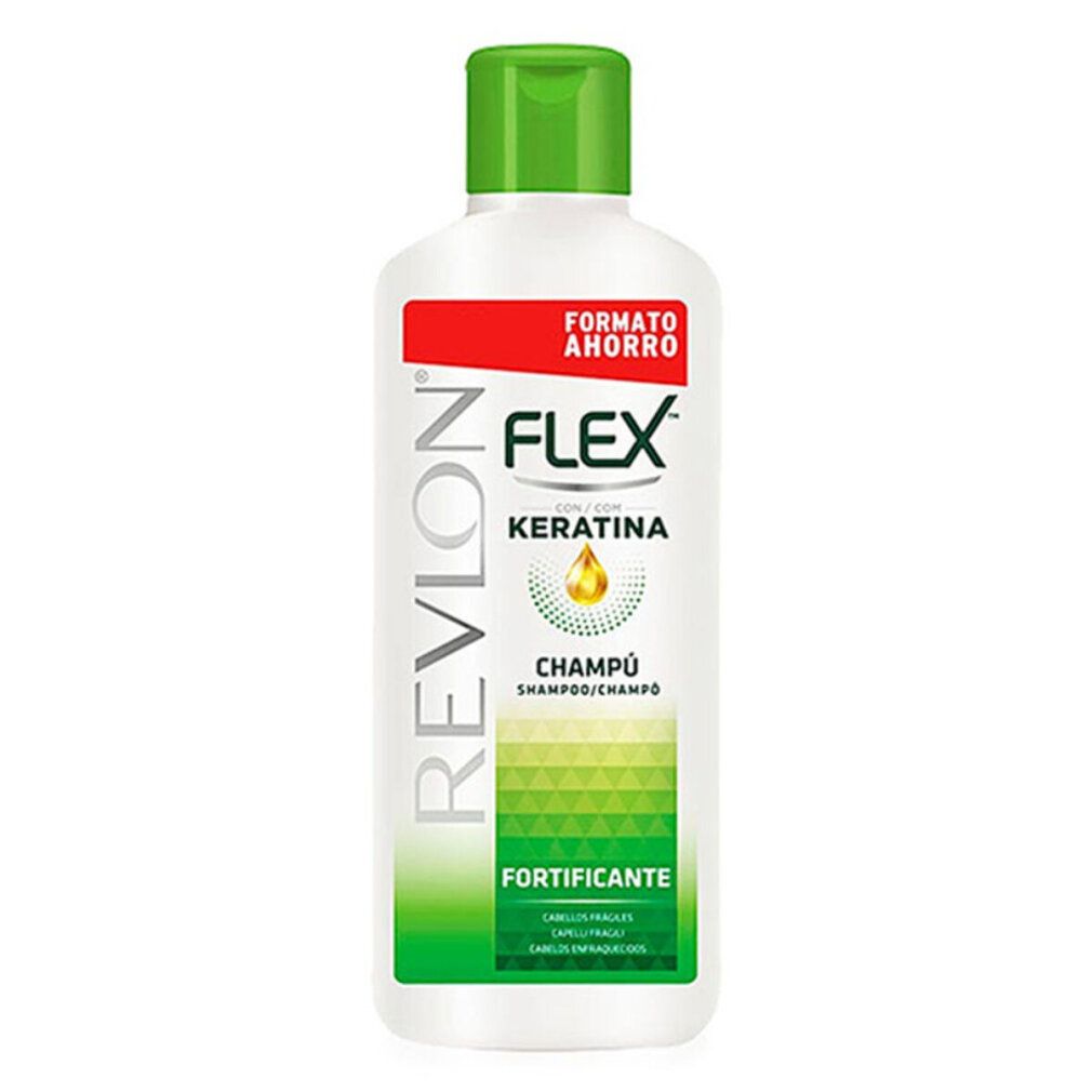 Weiße Flasche mit grünem Deckel. Aufschrift: Revlon Flex Keratin Champú. Stärkendes Shampoo. Formato Ahorro.