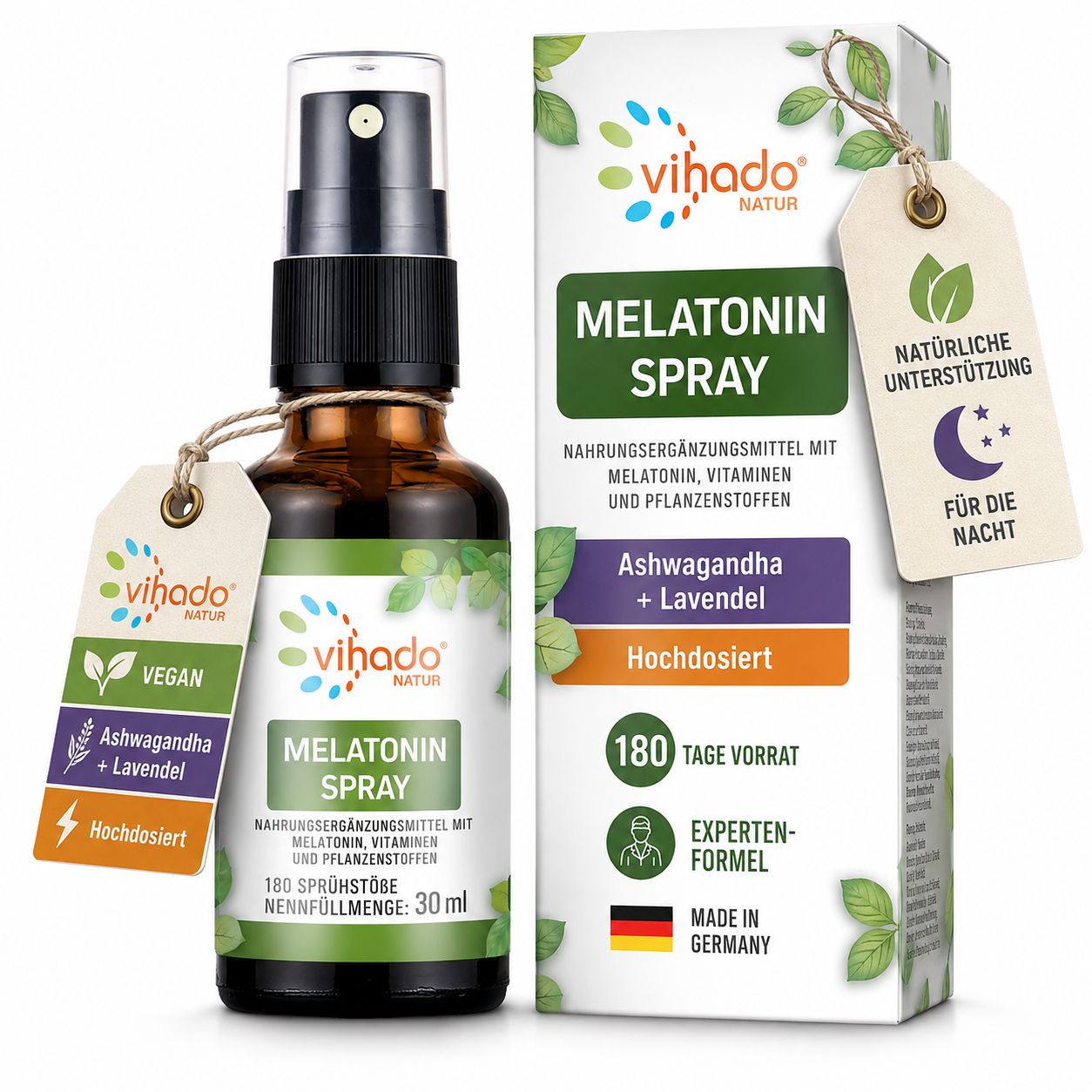 Vihado Melatonin Spray Flasche und Karton. Vegan, Ashwagandha + Lavendel, Hochdosiert.