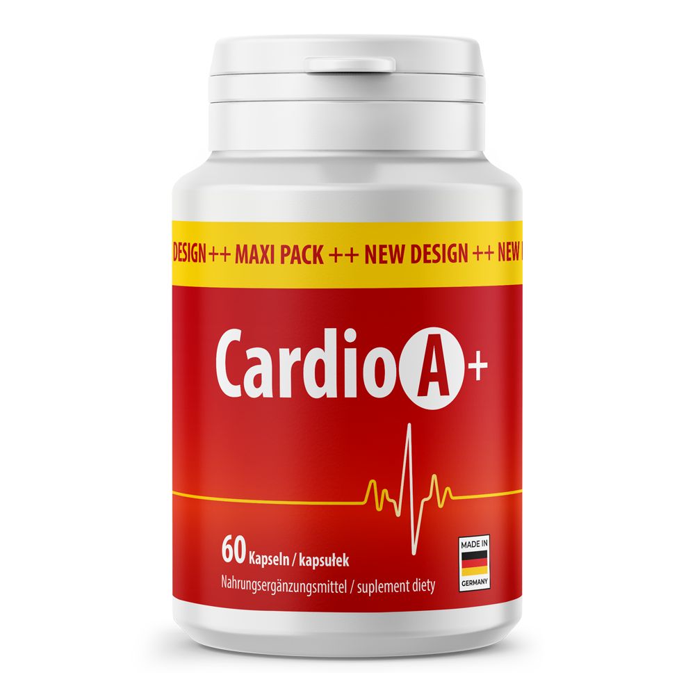 Weißes Kunststoff-Behälter mit rotem Etikett. Aufschrift "Cardio A+" und "60 Kapseln". Mit Herzschlag-Grafik. Hergestellt in Deutschland.