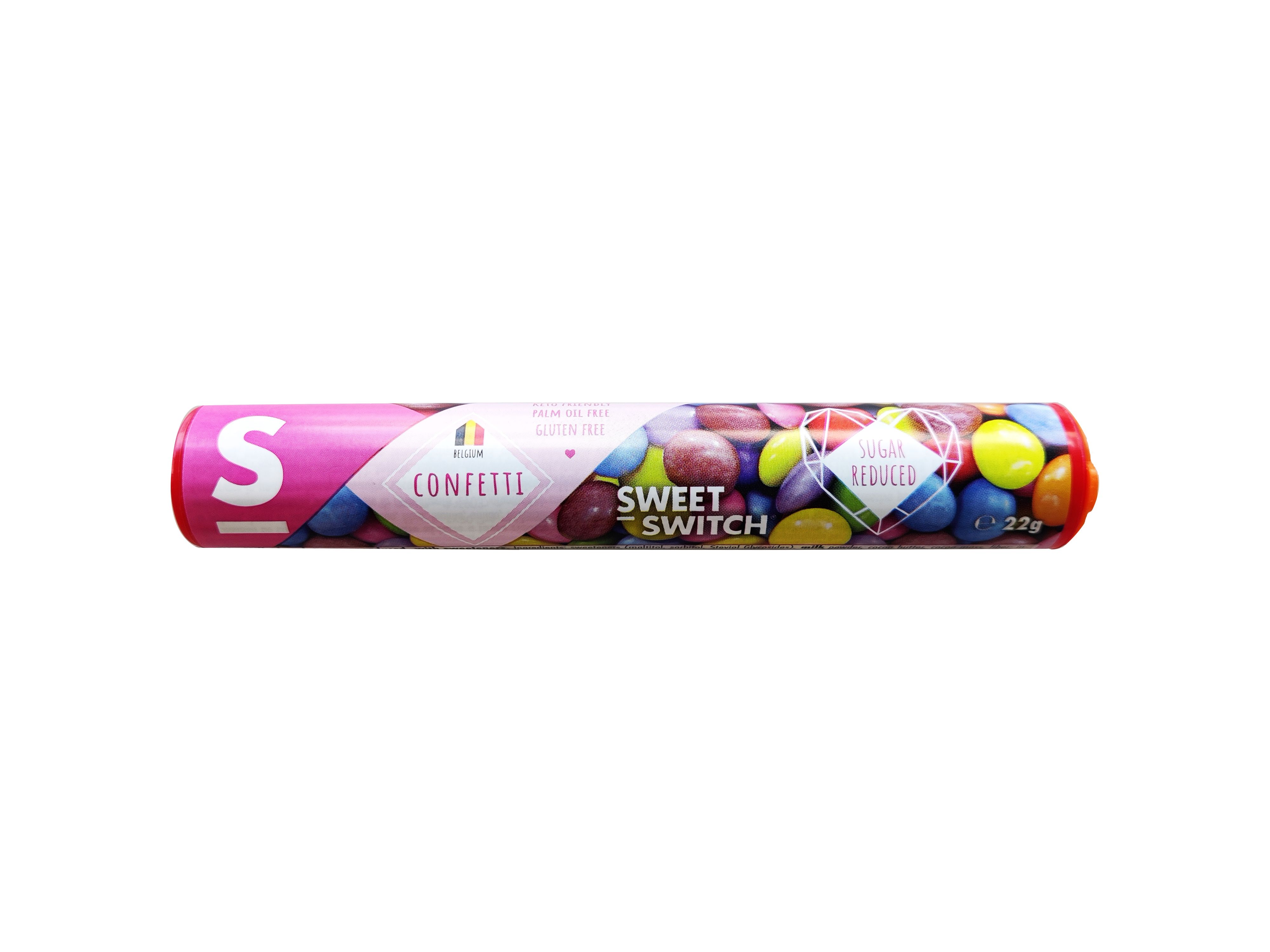 Zylinderförmige Packung Sweet Switch Confetti. Rosa Verpackung mit Produktnamen und bunten Süßigkeiten. Zuckerreduziert.