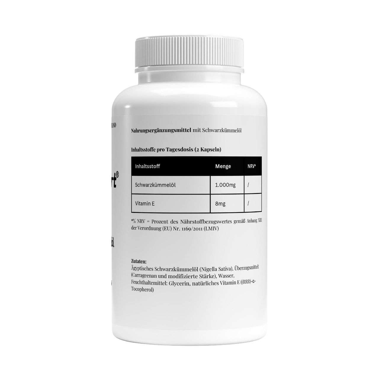 Rückseite der Kapseln-Dose. Tabelle mit Nährwertangaben pro Tagesdosis. Inhaltsstoffe: Schwarzkümmelöl, Vitamin E. Zutatenliste.