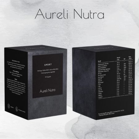 Schwarze Schachtel mit "Aureli Nutra" und "SPORT" Aufdruck. Text und Nährwerttabelle.