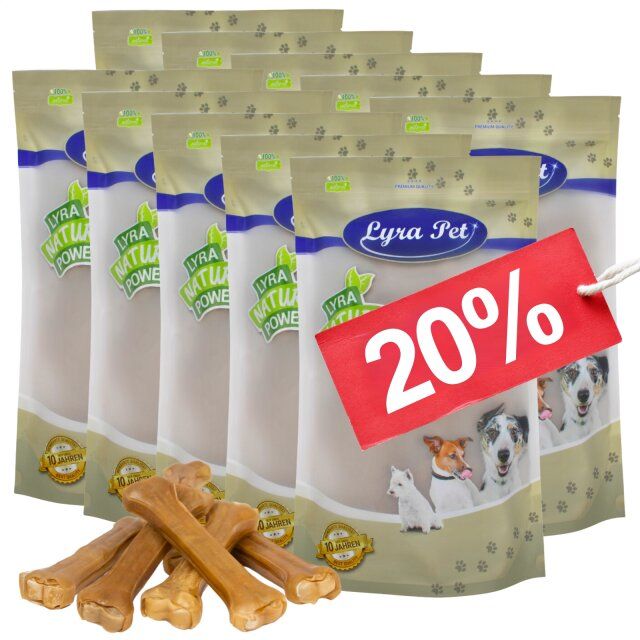 Mehrere Packungen Lyra Pet Kauknochen mit 20% Rabatt-Etikett. Auf der Verpackung sind Hunde abgebildet.