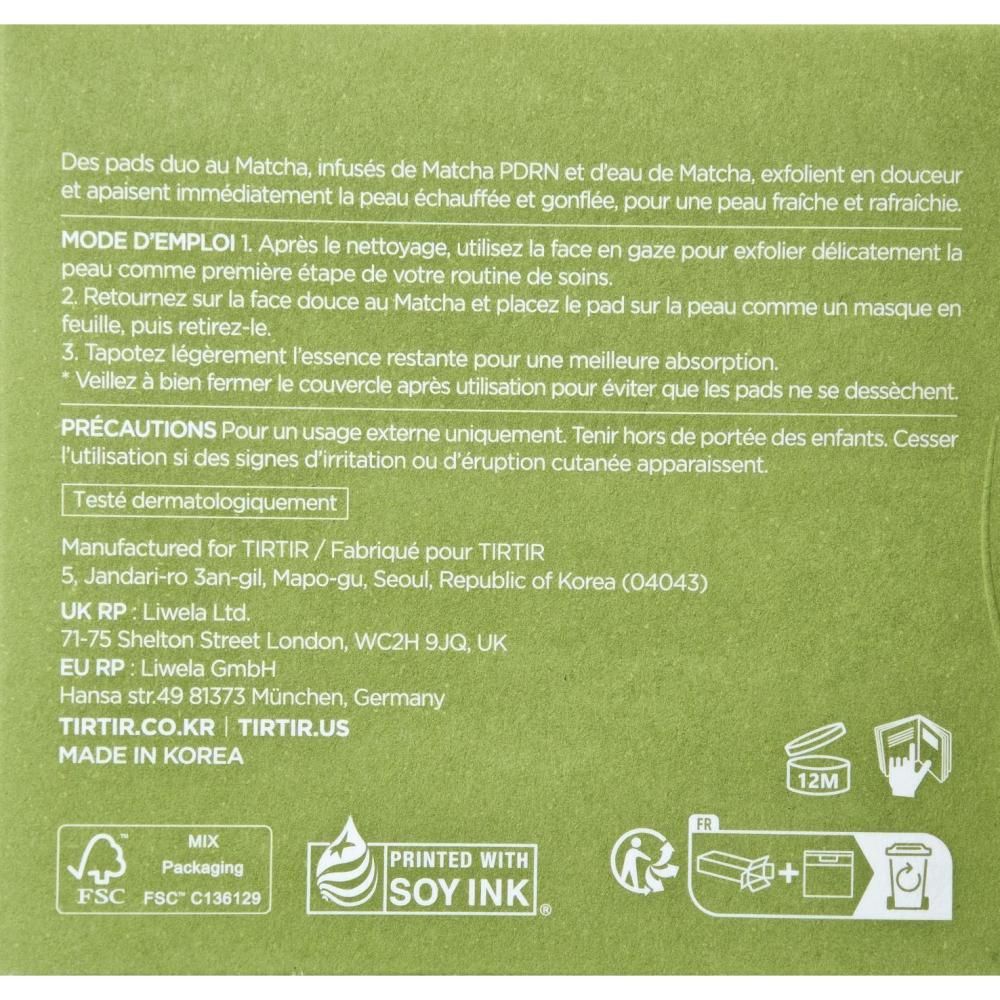 Verpackung mit Anweisungen und Inhaltsstoffen für Matcha-Pads. Enthält FSC- und Sojatin-Druck-Logos.