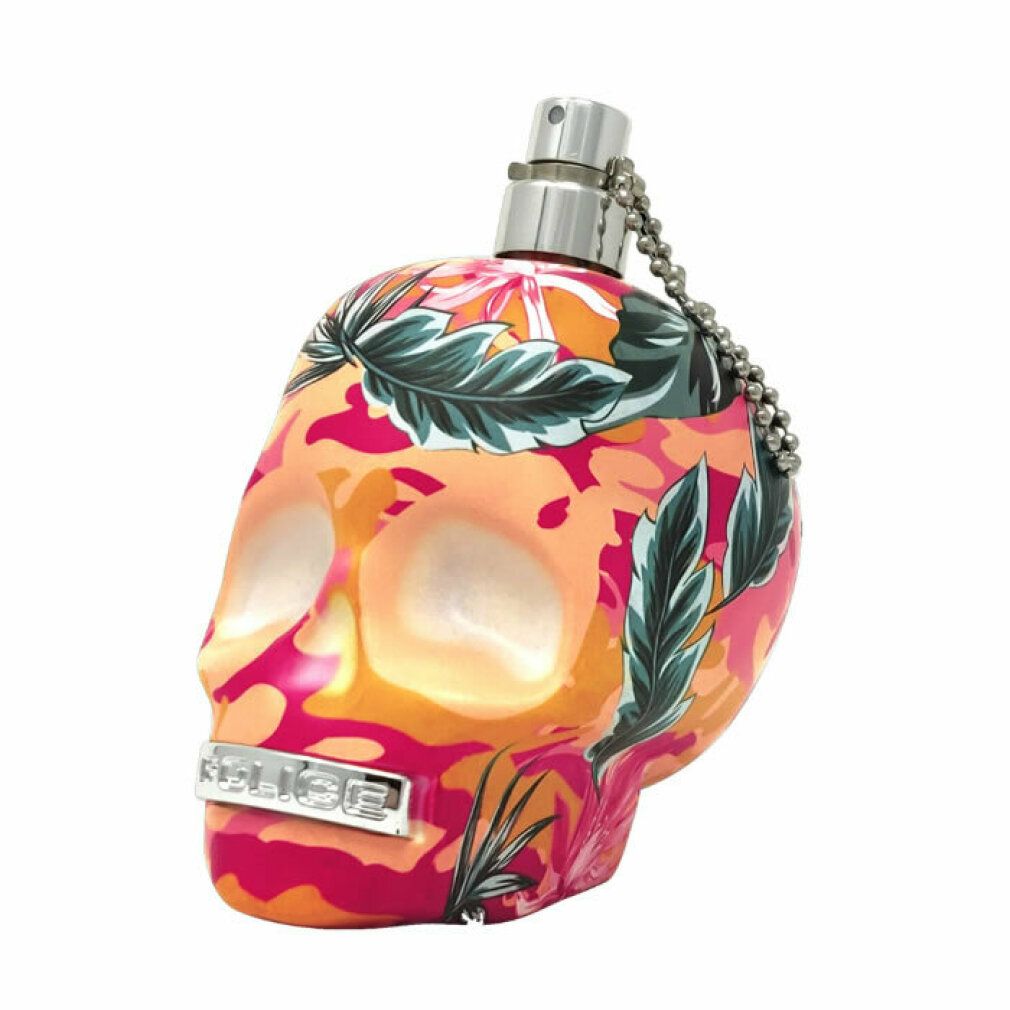 Parfümflakon in Schädelform. Floral-Design mit silberfarbenem Sprühkopf und Kette. Aufschrift: Police.