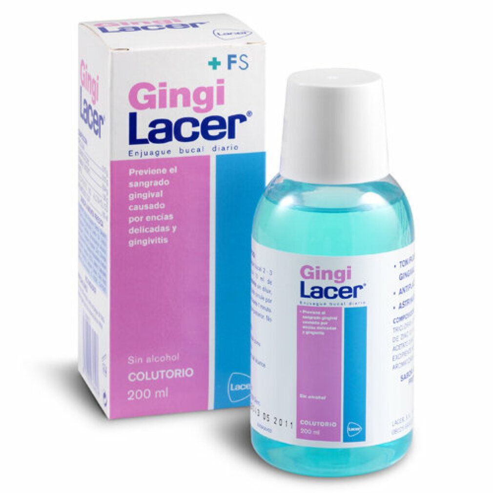 Mundspülung-Flasche und Schachtel. Flasche mit blauer Flüssigkeit, weißem Verschluss. Schachtel mit Produktnamen und Text.
