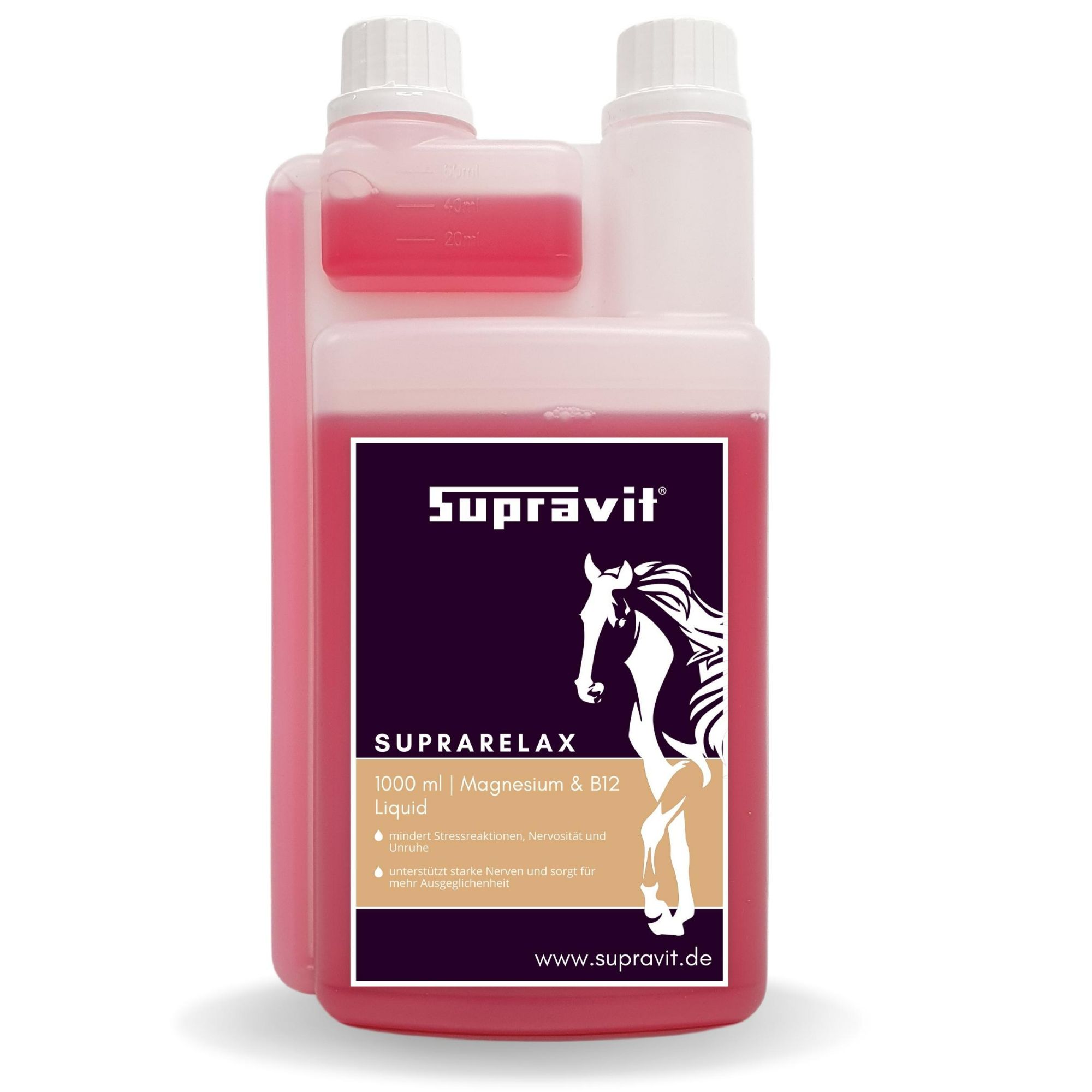 Rosa Flüssigkeit in einer Flasche. Aufdruck: Supravit, SupraRelax, Pferd-Silhouette. 1000 ml.