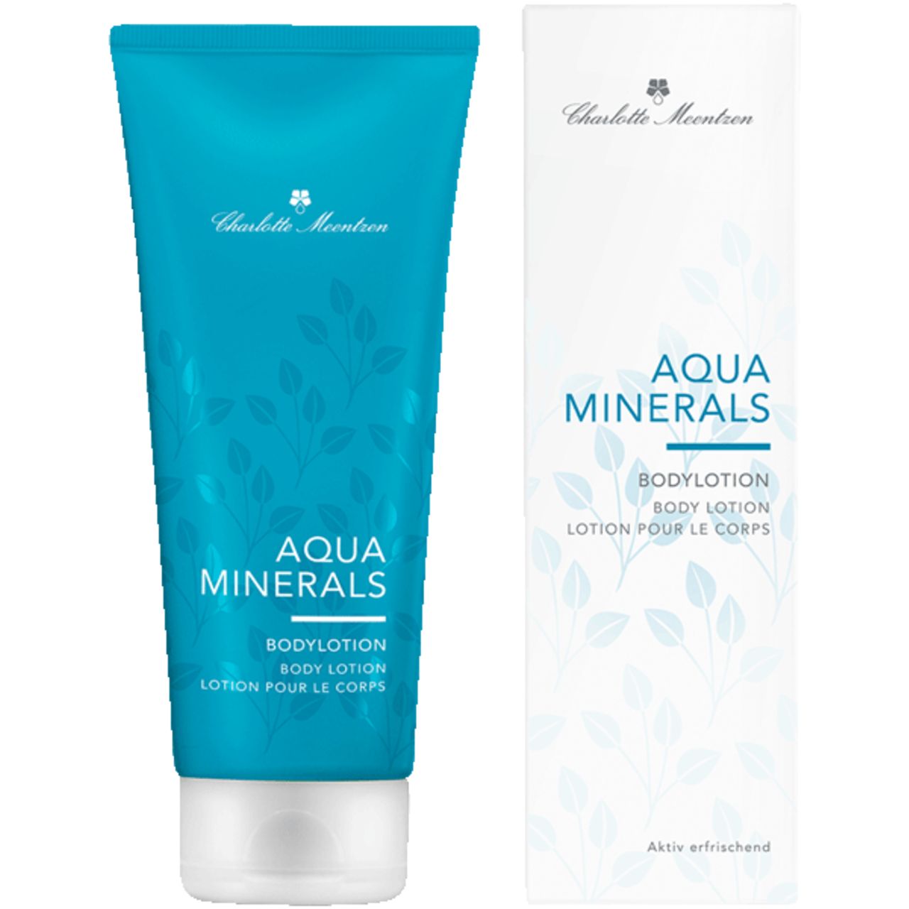 Türkisfarbene Tube und weiße Verpackung. Aufschrift 'Aqua Minerals Bodylotion'. Marke: Charlotte Meentzen. Blättermuster.