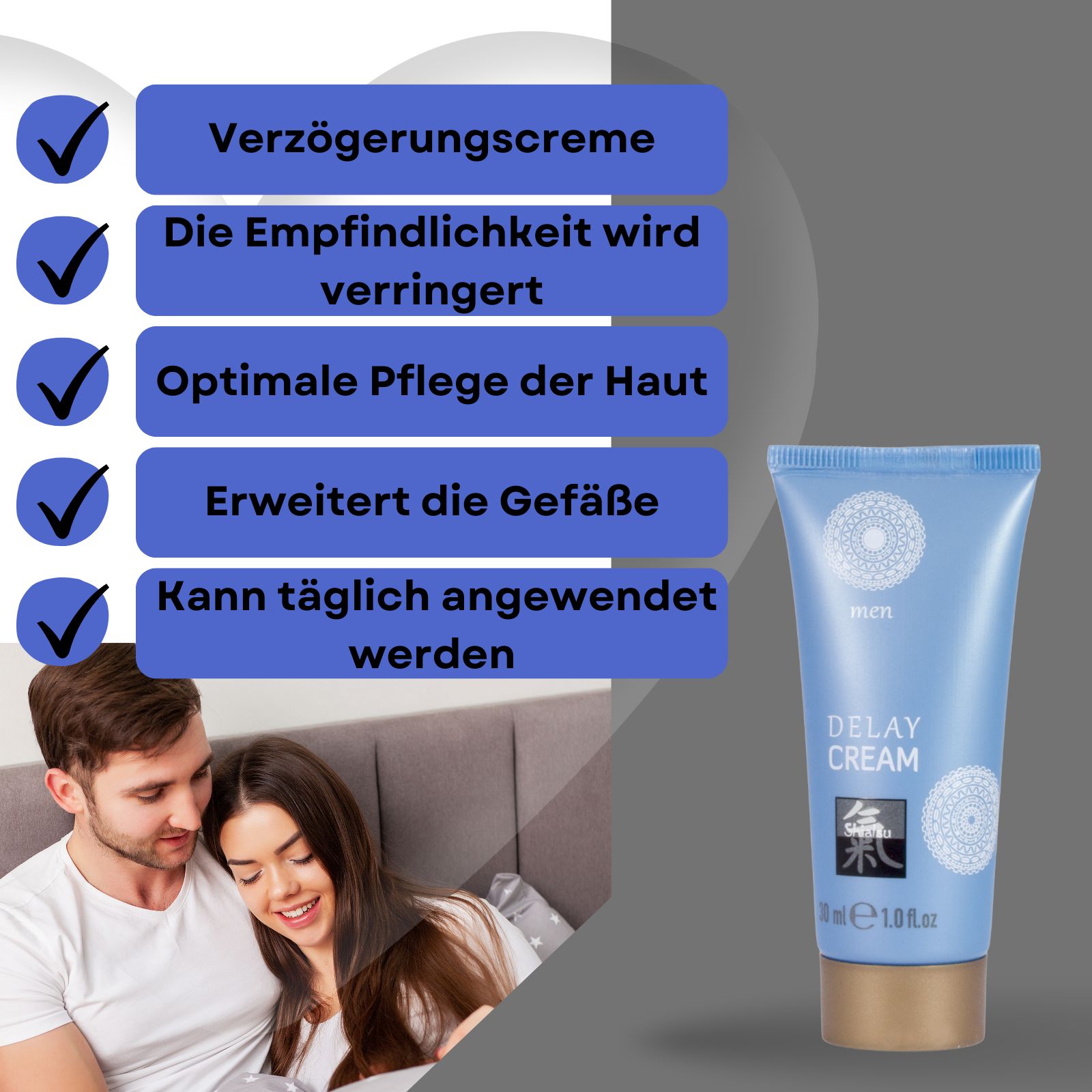 Produkt und Tube. Text: DELAY CREAM, Shiatsu, 30 ml. Paar im Hintergrund.