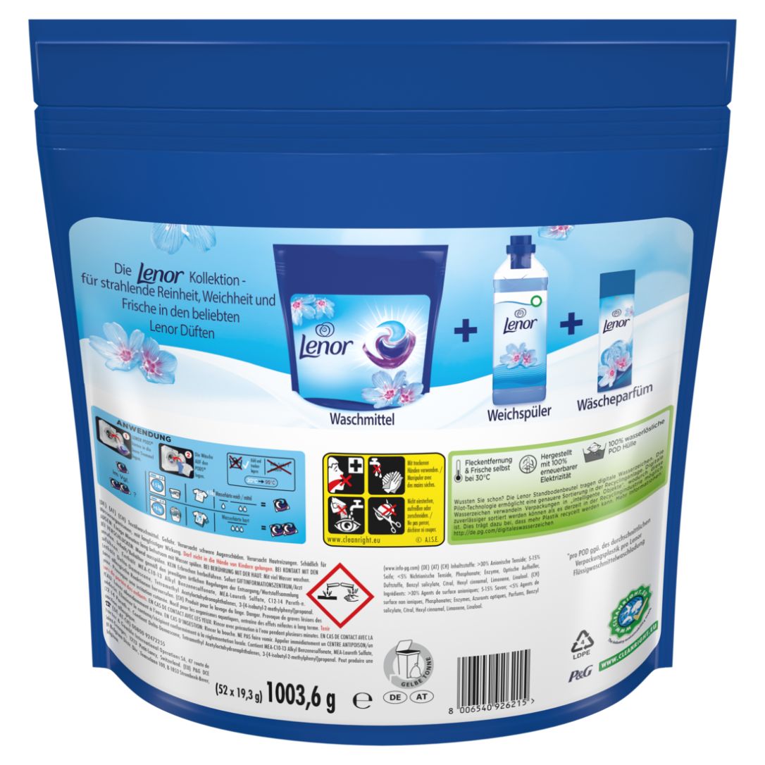 Rückseite einer Lenor Allin1 PODS® Packung. Produktabbildungen und Text. Enthält Waschmittel, Weichspüler und Wäscheparfüm. Informationen zur Anwendung.