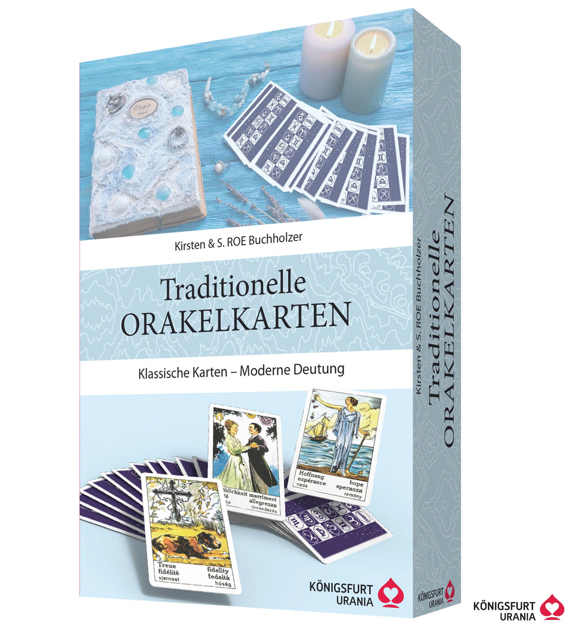 Kartenbox mit dem Titel "Traditionelle Orakelkarten". Auf der Box sind Karten, ein Buch und Kerzen abgebildet. Der Markenname ist Königsfurt Urania.