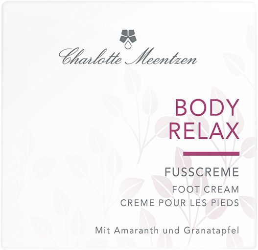 Produktverpackung mit Schriftzug Charlotte Meentzen, Body Relax Fusscreme. Text in Deutsch, Englisch und Französisch. Mit Amaranth und Granatapfel.