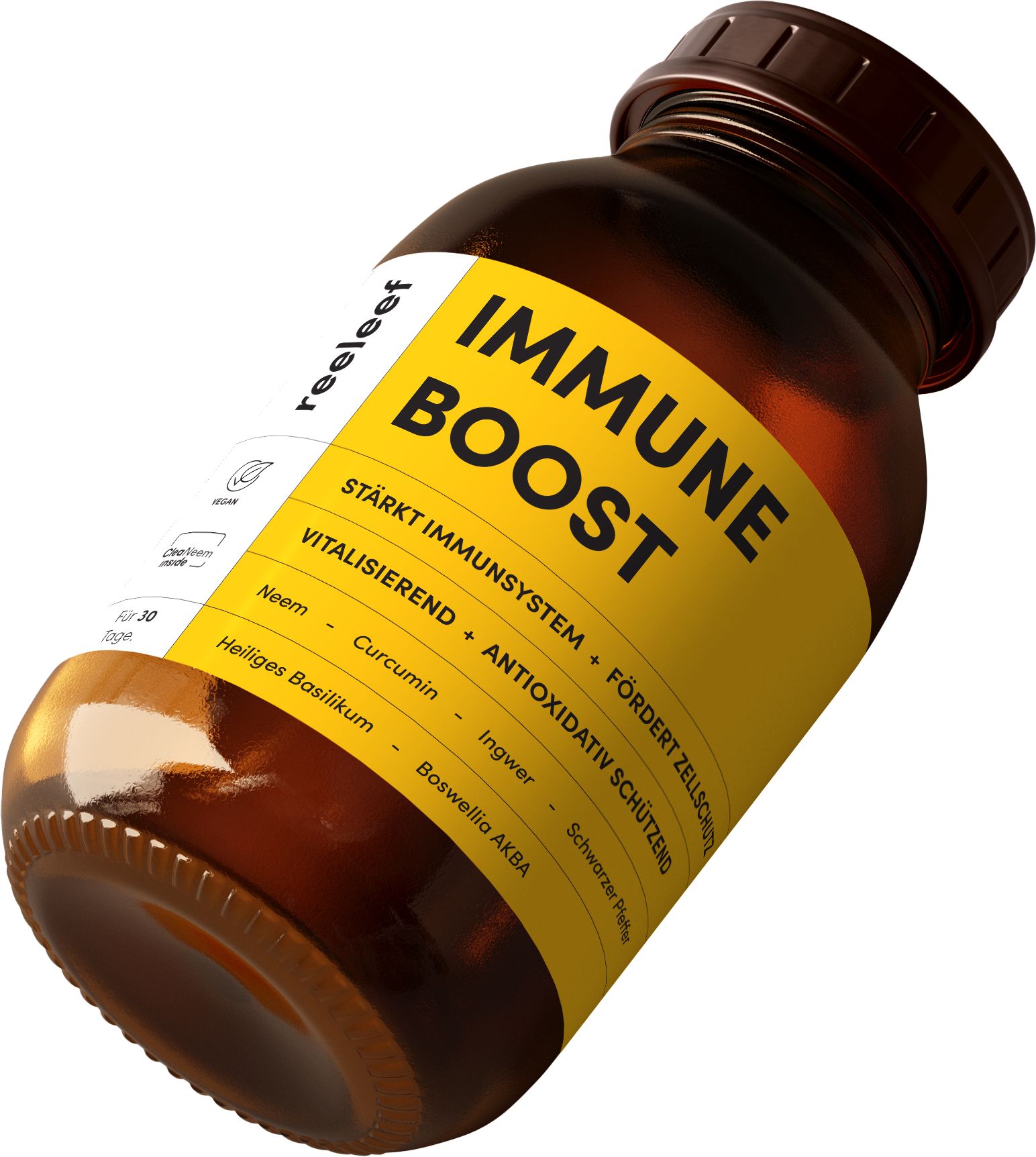 Braune Glasflasche mit gelbem Etikett. Aufschrift: IMMUNE BOOST. Enthält Neem, Kurkuma, Ingwer, Boswellia AKBA, Schwarzer Pfeffer.