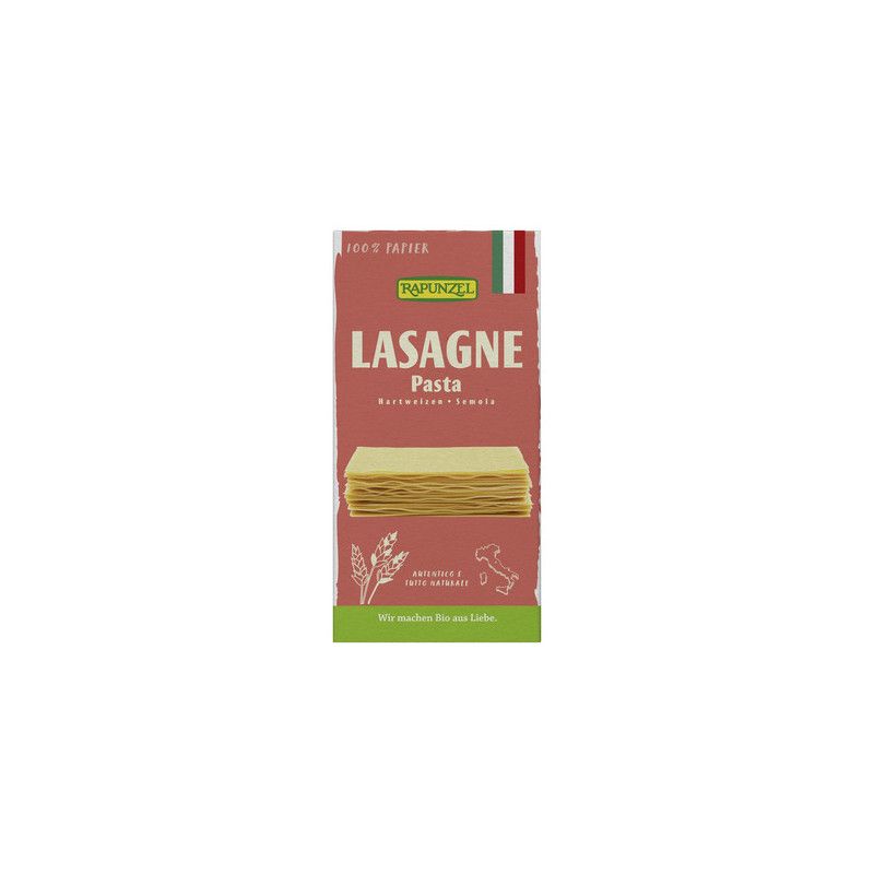 Verpackung mit Lasagne-Platten. Aufschrift: Lasagne Pasta, Rapunzel. Italienische Flagge oben rechts. Untere Hälfte grün.