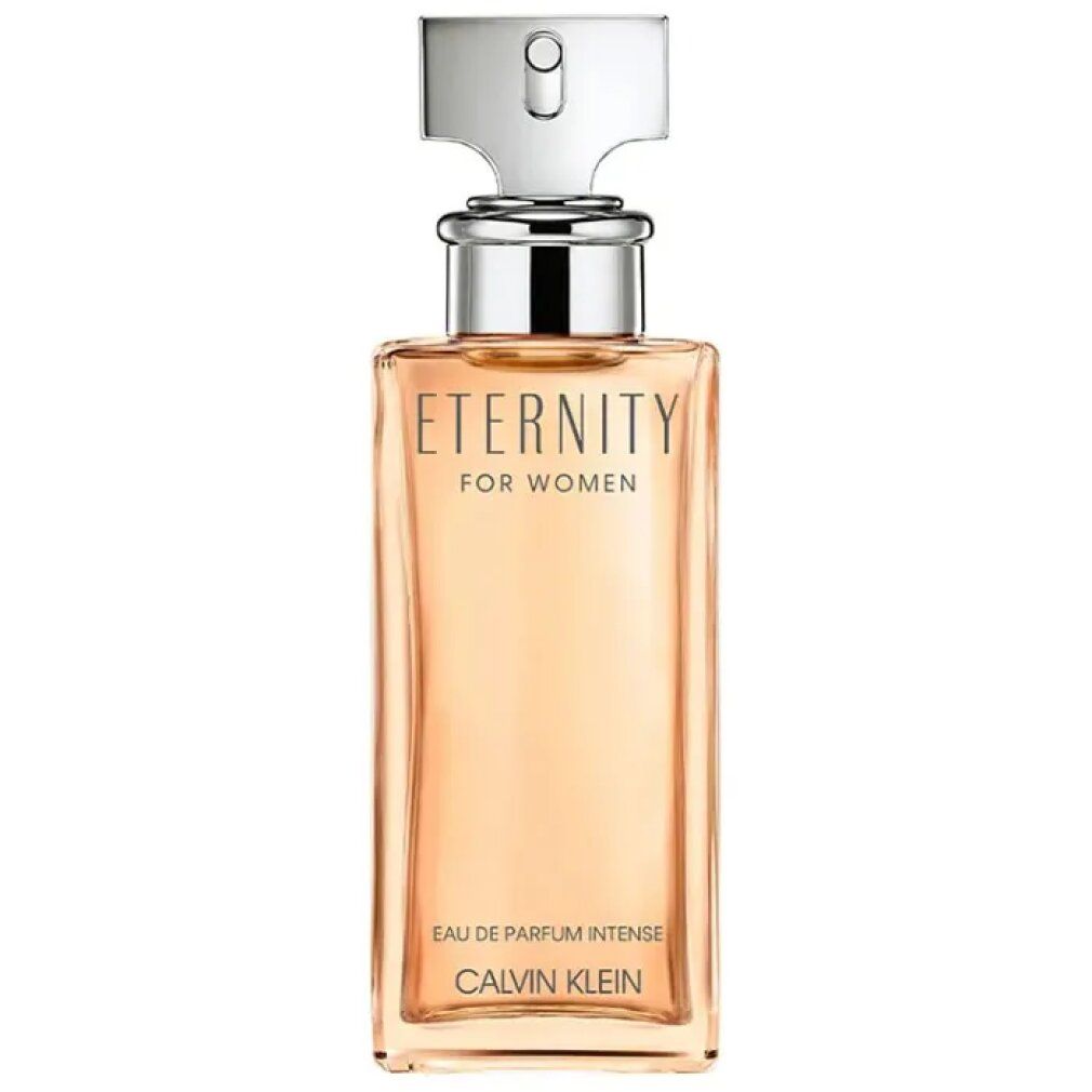 Eckiger Flakon mit silbernem Verschluss. Aufschrift: Eternity for Women, Eau de Parfum Intense, Calvin Klein.