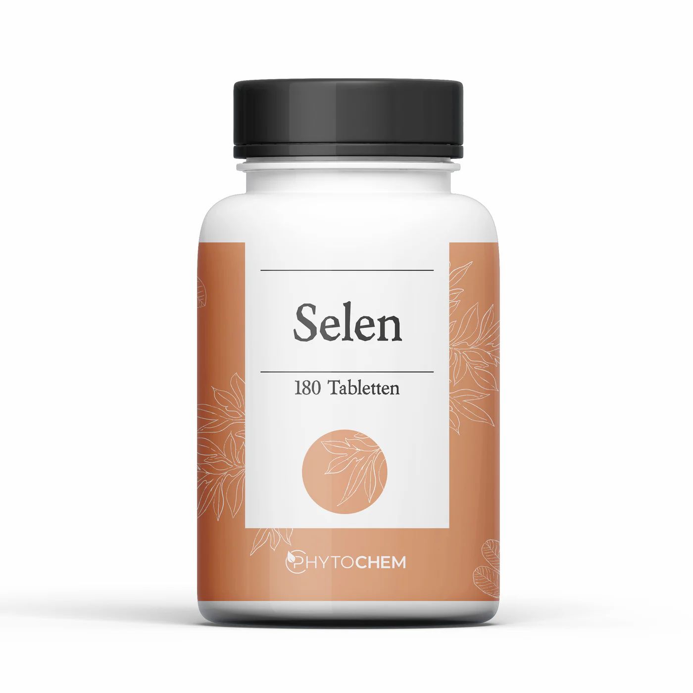 Weiße Flasche mit schwarzem Deckel. Aufschrift "Selen" und "180 Tabletten". Marke: Phytochem.