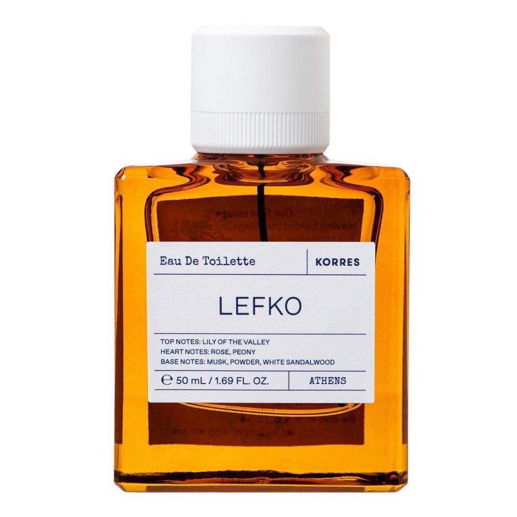 KORRES Lefko Eau de Toilette Unisex, 50ml Flakon mit weißem Verschluss. Bernstein-farbene Flüssigkeit.