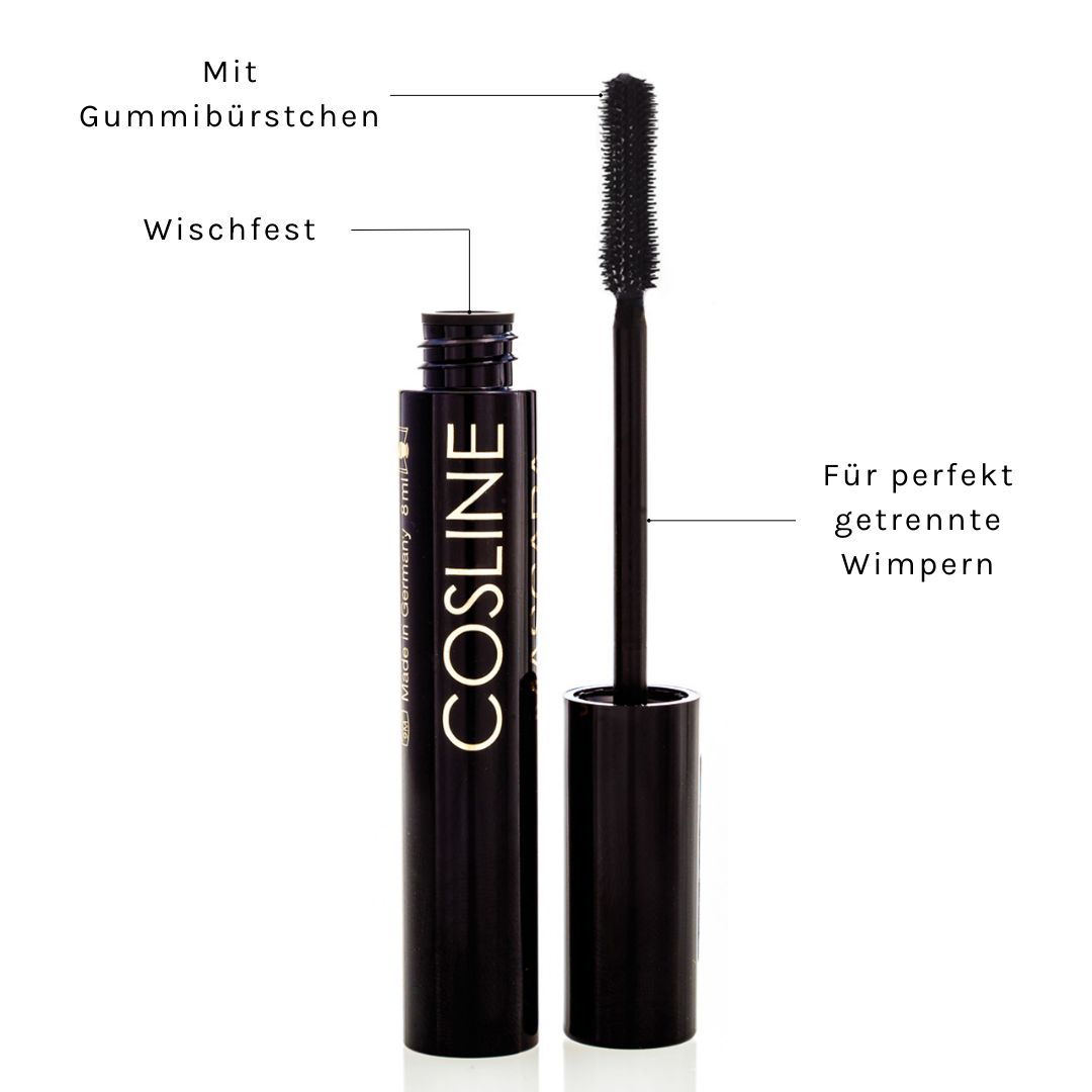 Mascara-Flakon mit Bürste. Beschriftung: Cosline. Merkmale: wischfest, mit Gummibürstchen, für getrennte Wimpern.