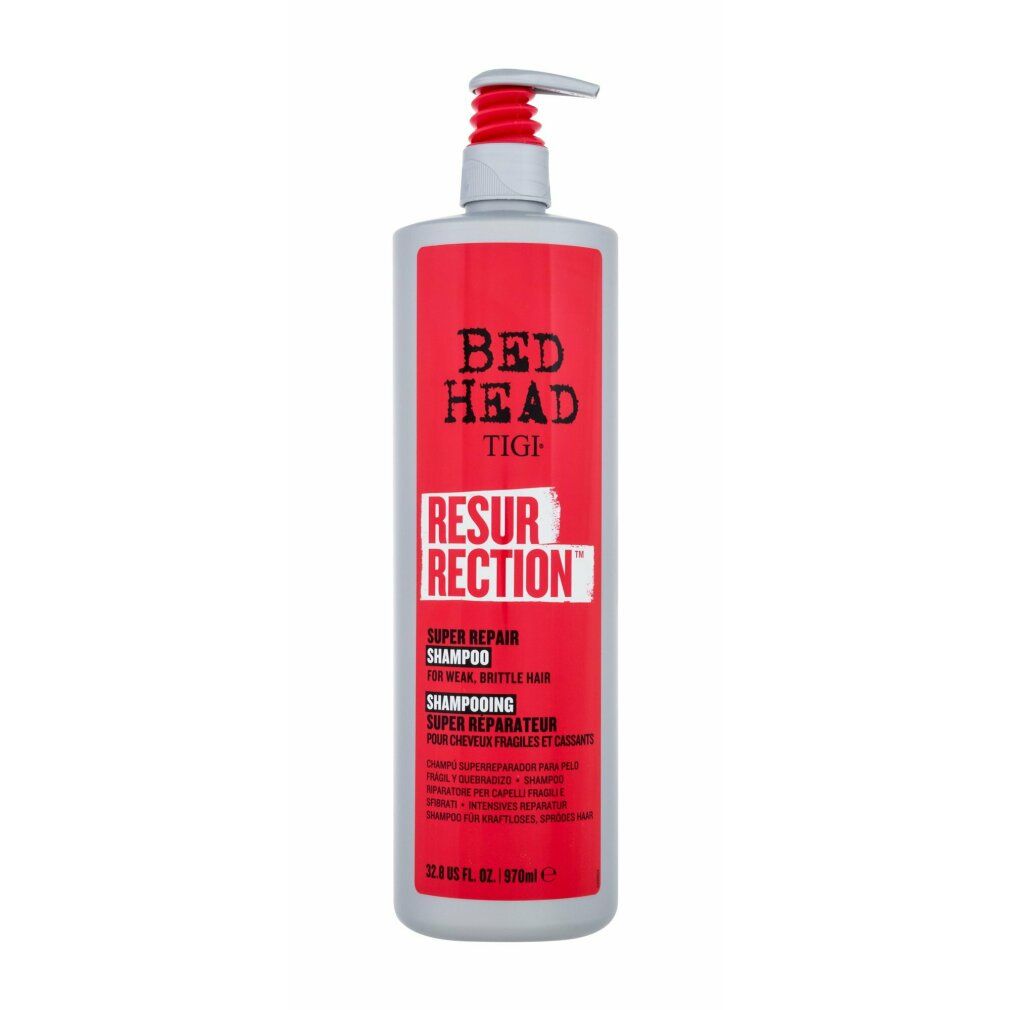 Graue Shampoo-Flasche mit rotem Etikett. Aufschrift: BED HEAD TIGI RESURRECTION SUPER REPAIR SHAMPOO. Mit Pumpverschluss.