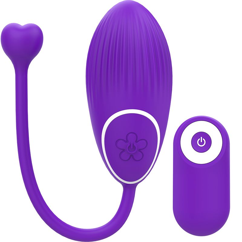 Lila Vibrator mit herzförmigem Griff und Fernbedienung. Blütenmuster auf dem Hauptteil. Ein-Aus-Taste auf der Fernbedienung.