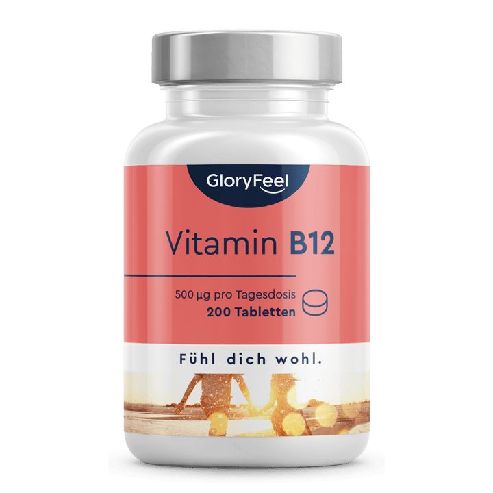 Weiße Flasche mit rotem Etikett. Aufschrift: GloryFeel, Vitamin B12, 500 µg, 200 Tabletten. Deckel silberfarben.
