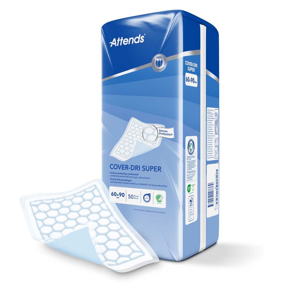 Attends Cover-Dri Super. Blaue Verpackung und ein einzelnes Produkt. Größe 60x90 cm. Produkt mit wabenförmiger Oberfläche.