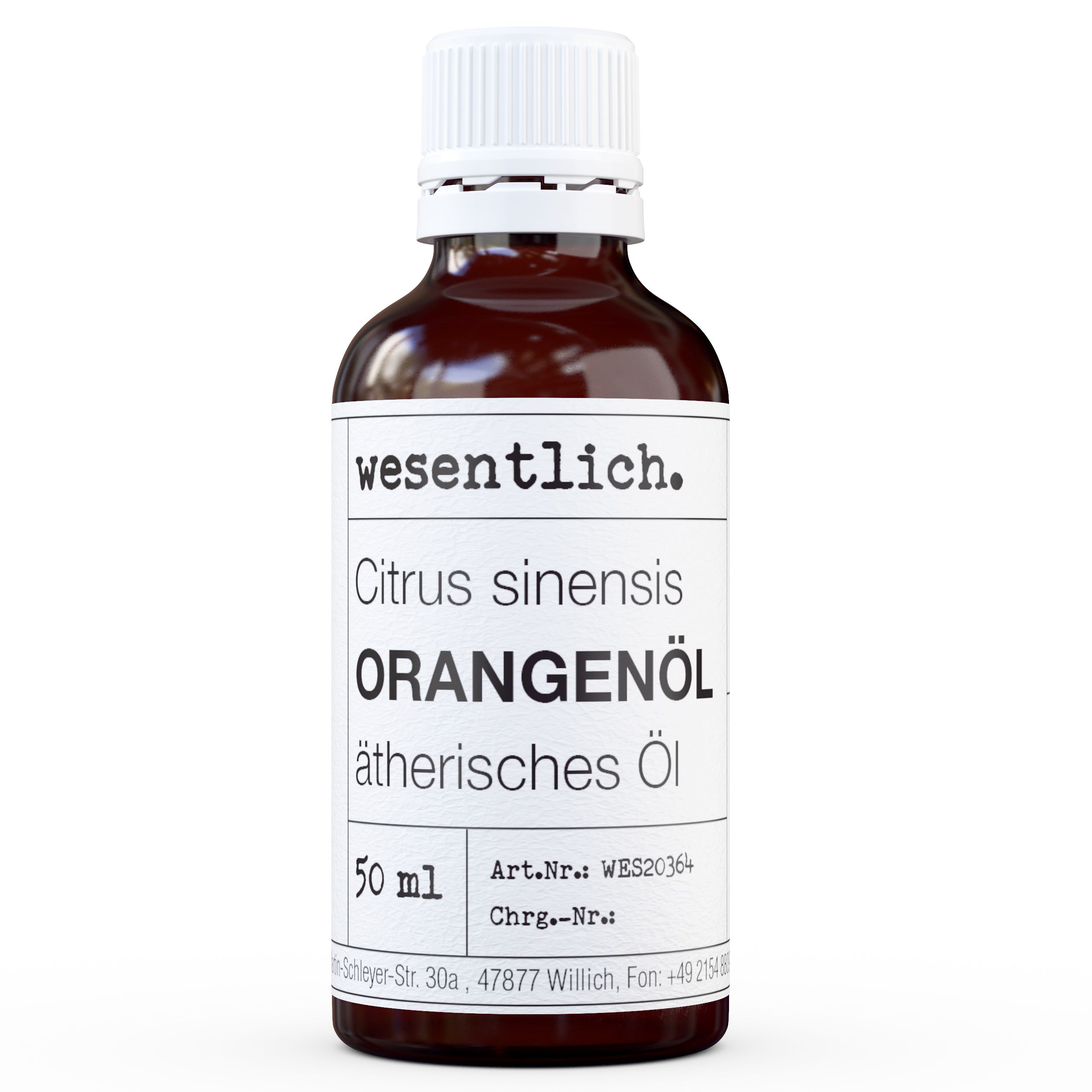 Braune Glasflasche mit weißem Deckel und Etikett. Beschriftung: Orangenöl, ätherisches Öl, 50 ml. Marke: wesentlich.