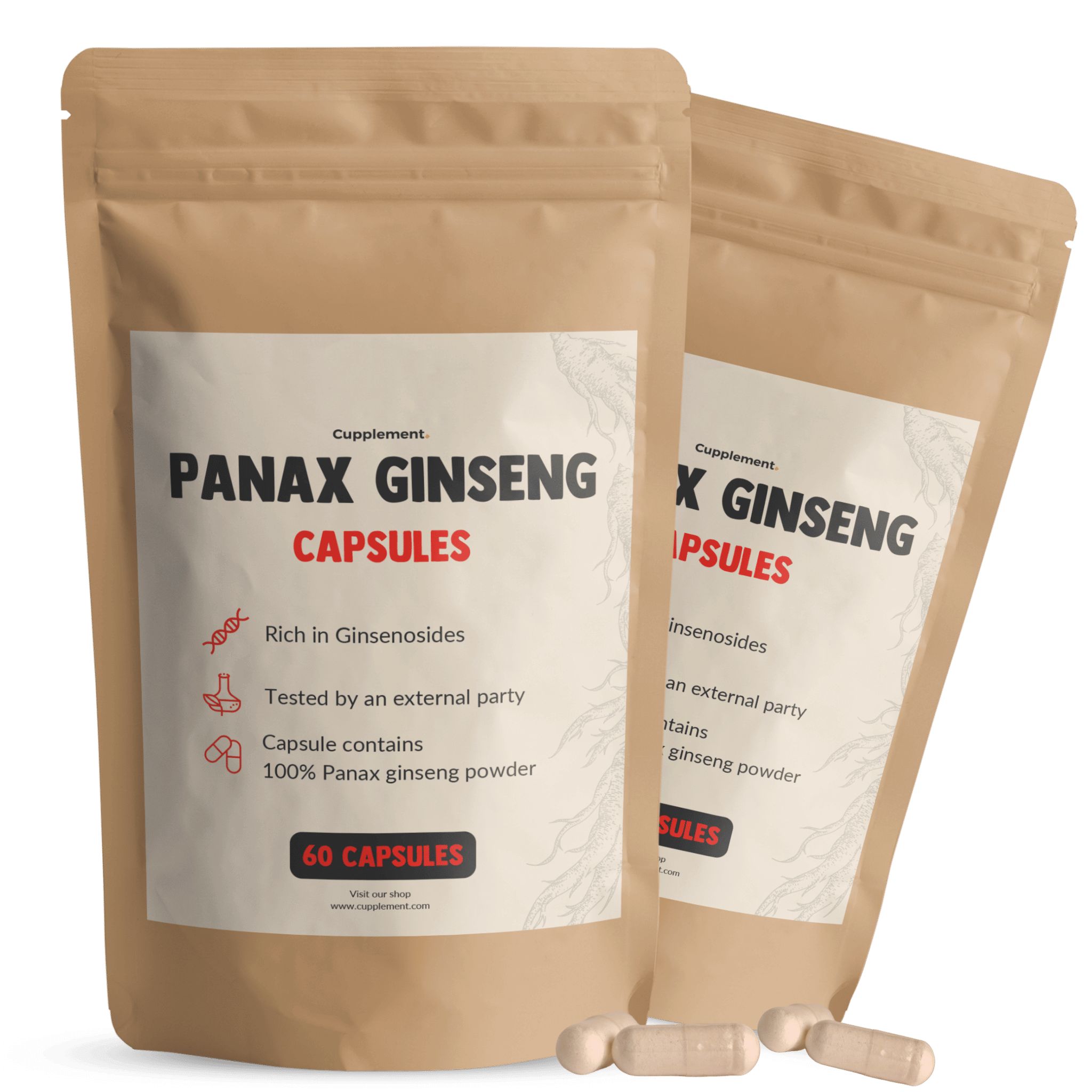 Zwei Beutel mit Kapseln. Aufschrift: Panax Ginseng Capsules. 60 Kapseln. Braune Papierverpackung mit Reißverschluss.
