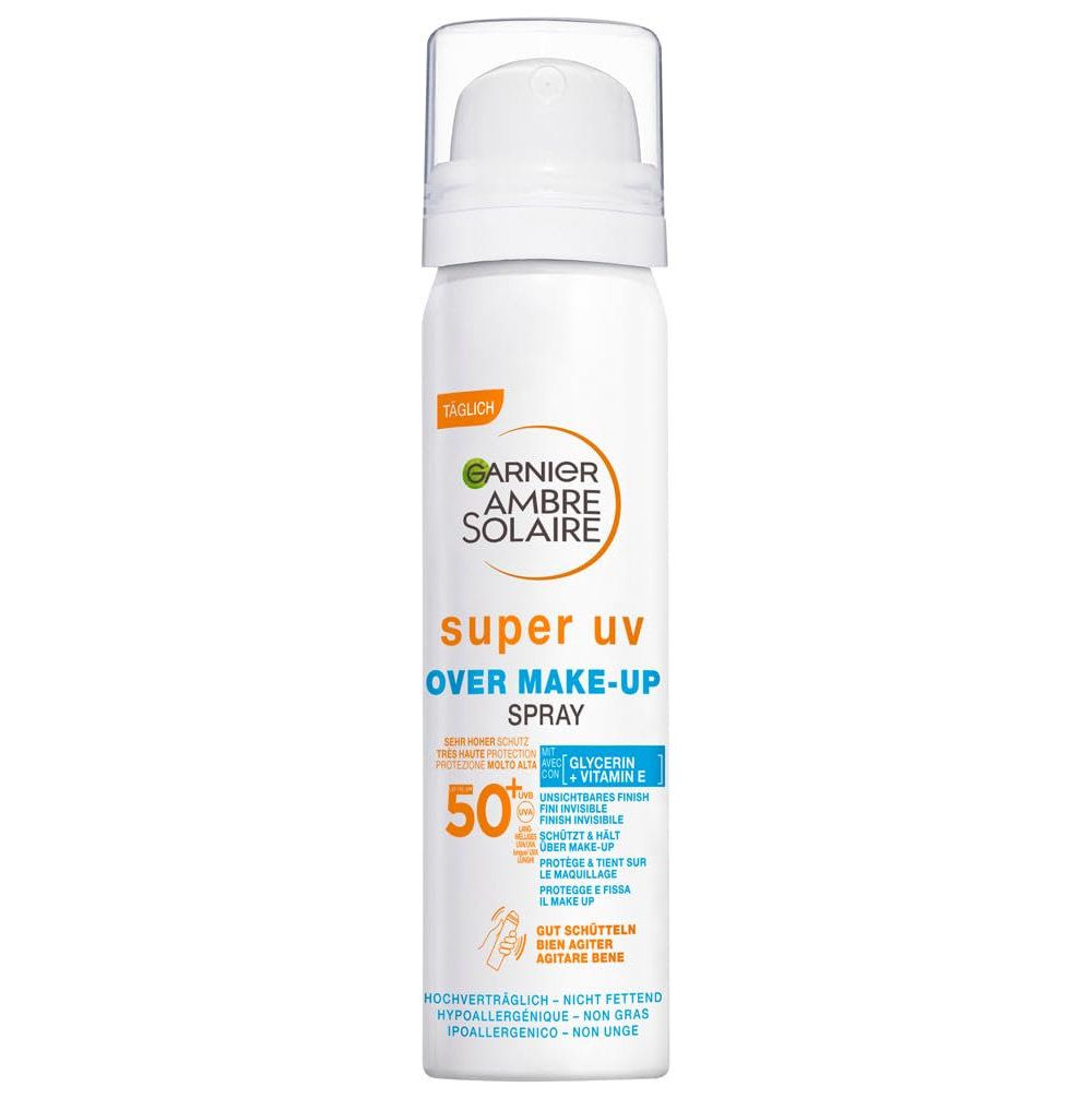 Garnier Ambre Solaire Super UV Spray. Weiße Flasche mit Sprühkopf. Text: Super UV, LSF 50+.