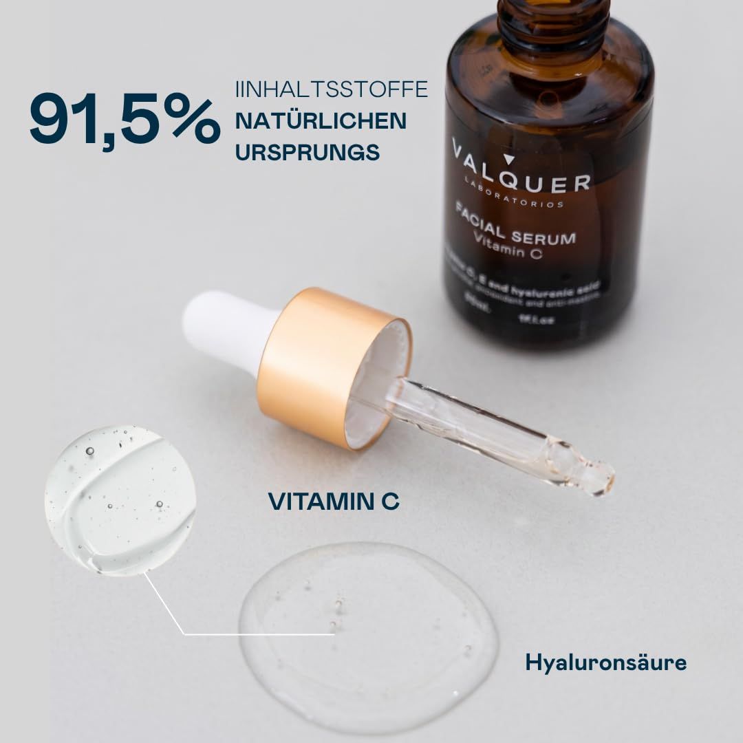 Valquer Laboratories Facial Serum mit Vitamin C und Hyaluronsäure. 91,5% natürliche Inhaltsstoffe.