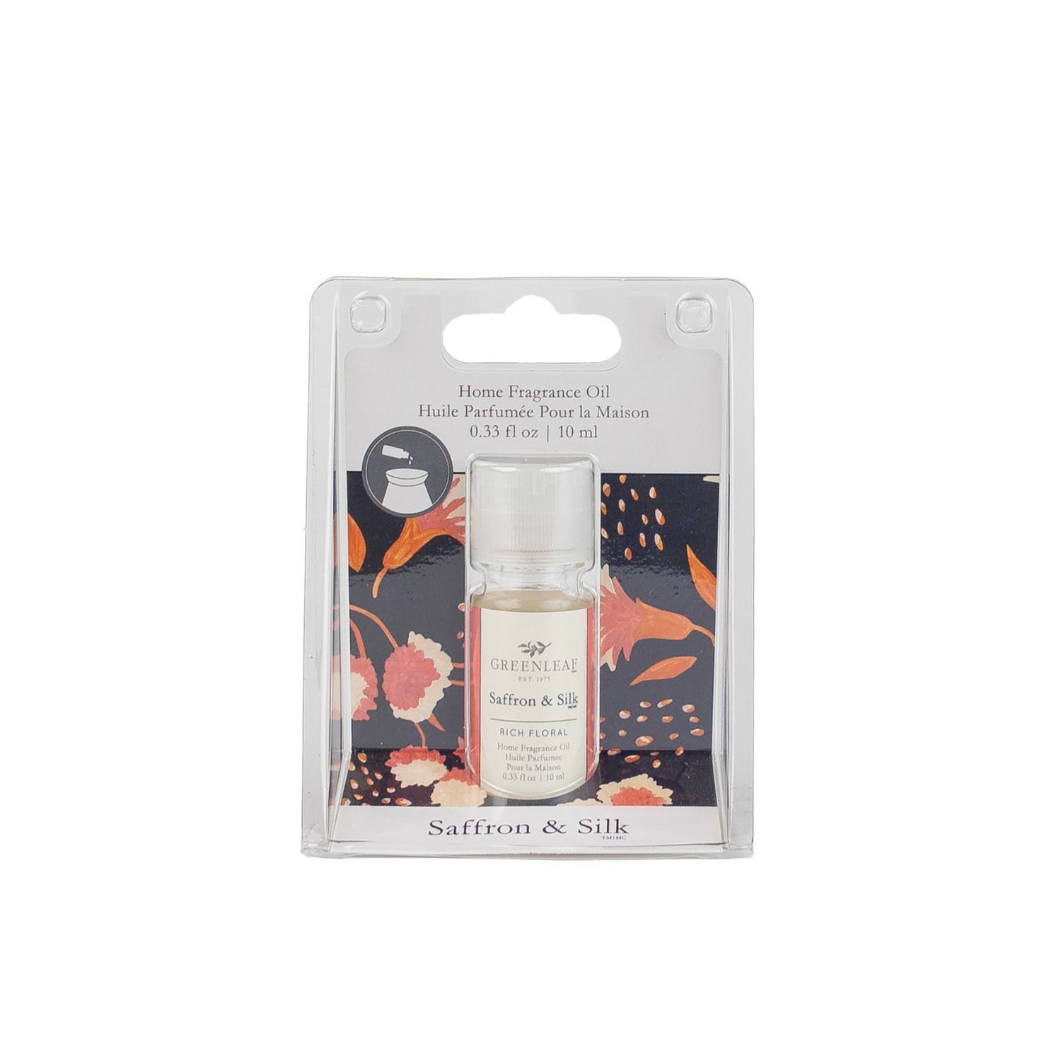 Duftöl-Essenz in einer transparenten Flasche, verpackt in einer Blisterverpackung. Aufschrift: Saffron & Silk, Greenleaf.
