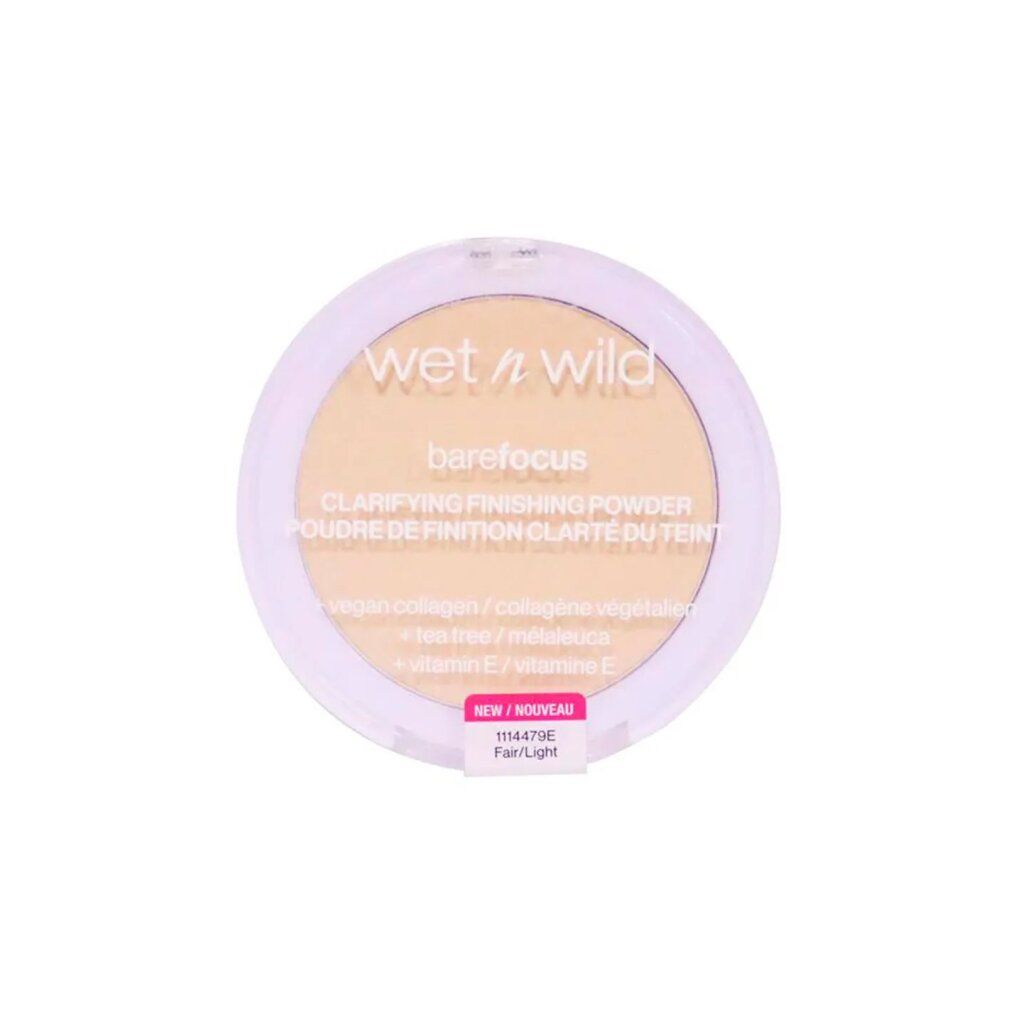 Runder, heller Puderbehälter. Aufschrift: Wet n Wild, barefocus, Clarifying Finishing Powder. Farbton: Fair/Light.