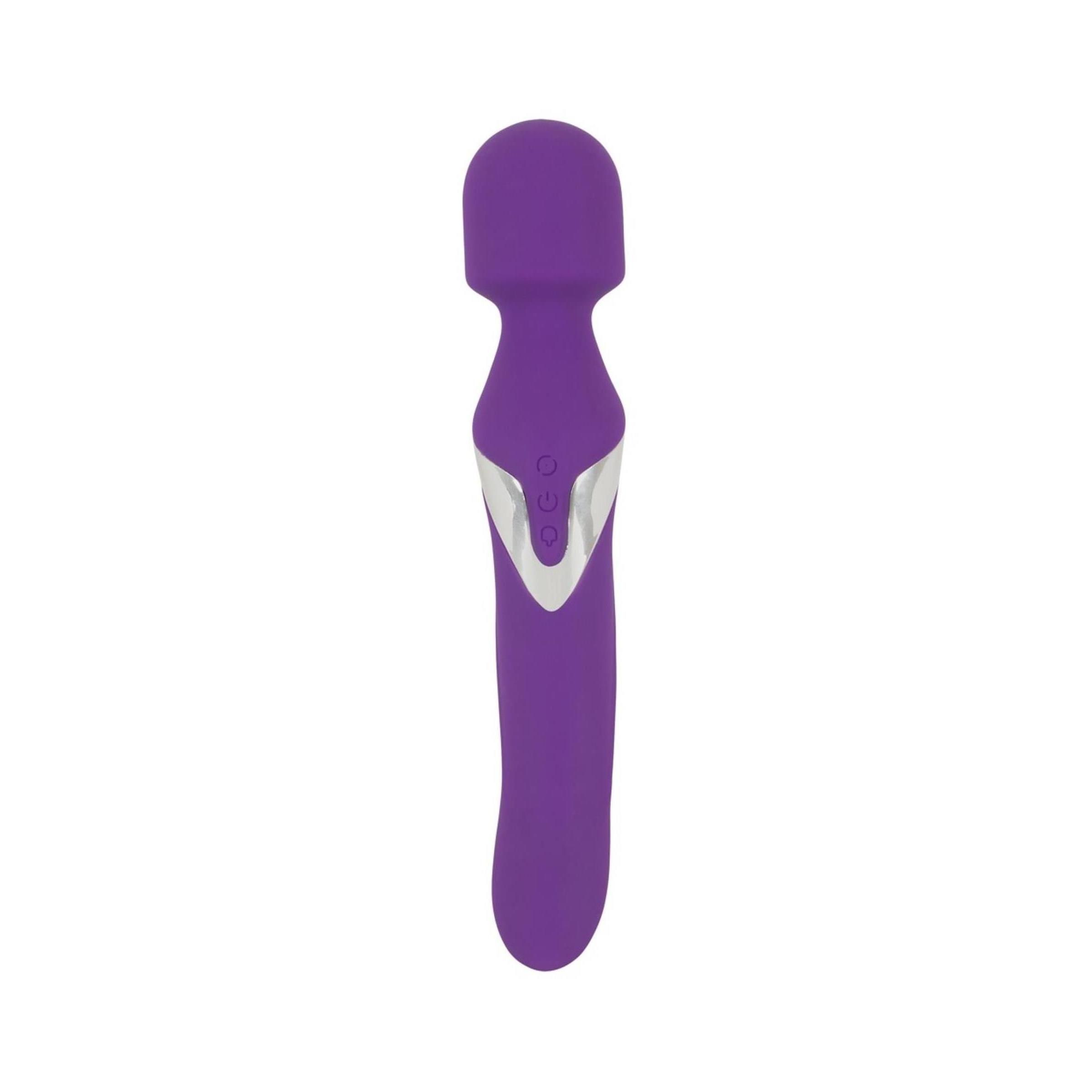 Lila Massagestab mit silberfarbenem Akzent. Ergonomische Form mit abgerundetem Kopf und geradem Griff.