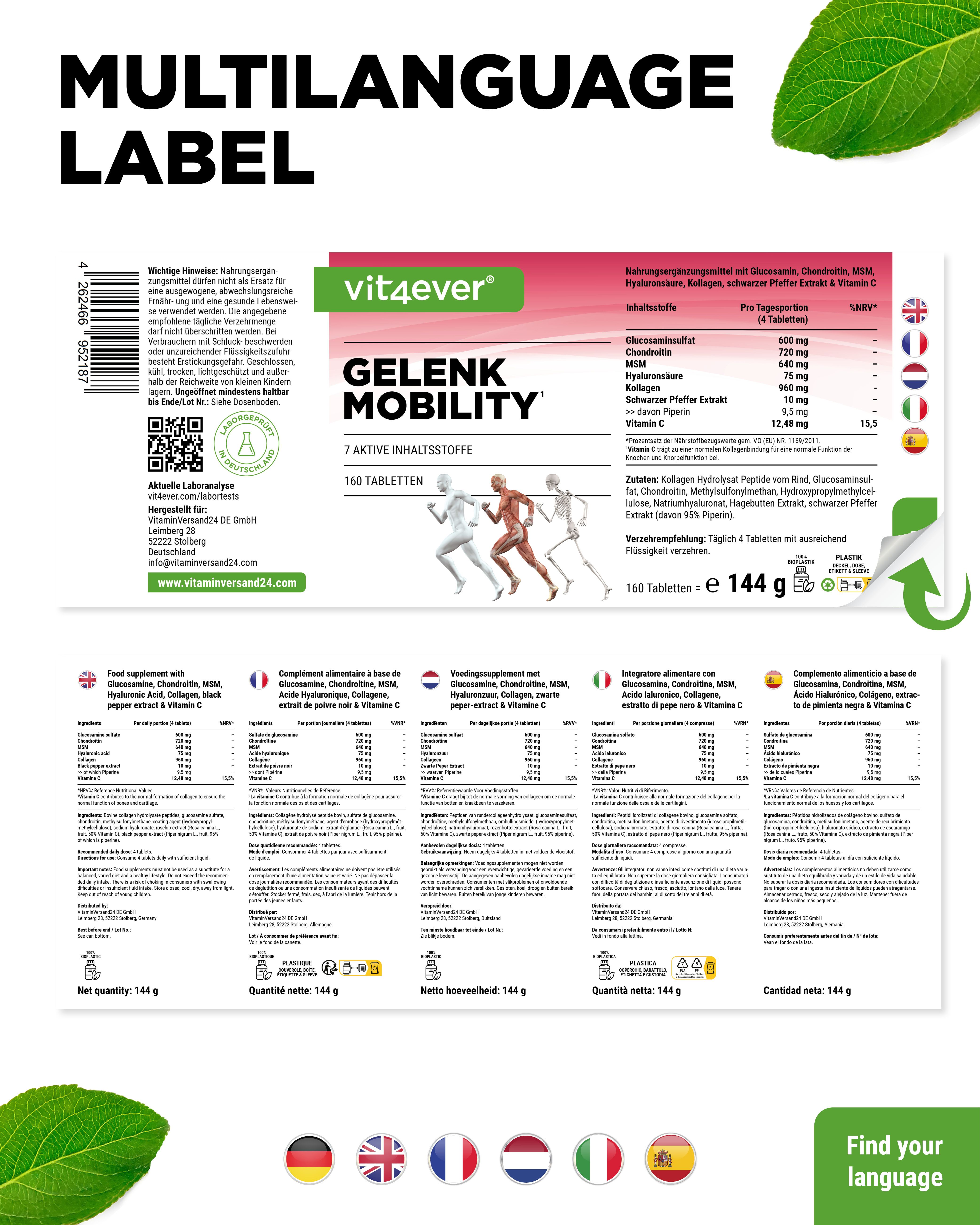 Multilinguale Produktetiketten. vit4ever Gelenk Mobility, 160 Tabletten. Inhaltsstoffangaben in Deutsch, Englisch, Französisch, Italienisch, Spanisch.