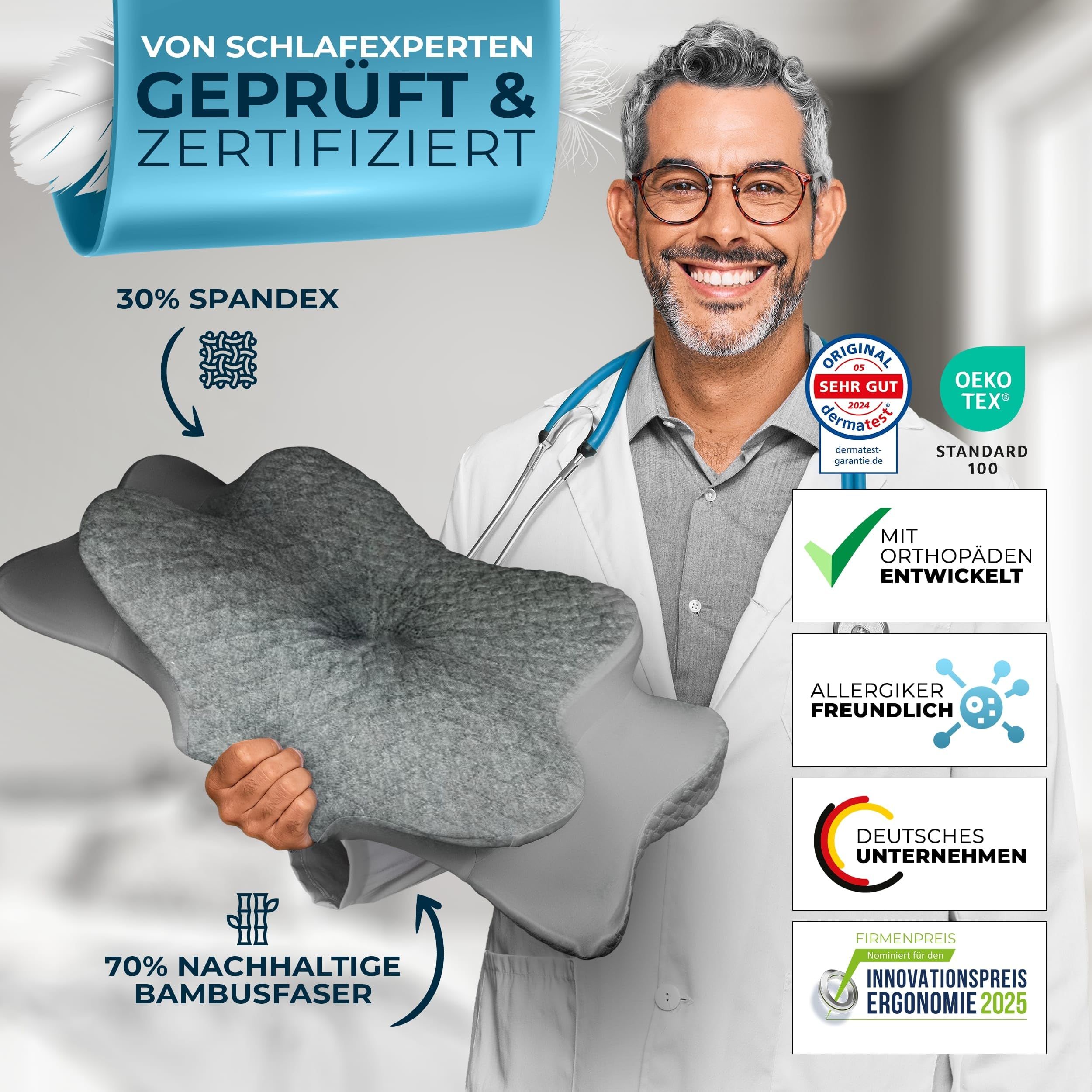 Orthopädisches Kissen, teilweise sichtbar. Text: Von Schlafexperten geprüft & zertifiziert. 30% Spandex, 70% nachhaltige Bambusfaser, allergikerfreundlich, Deutsches Unternehmen.