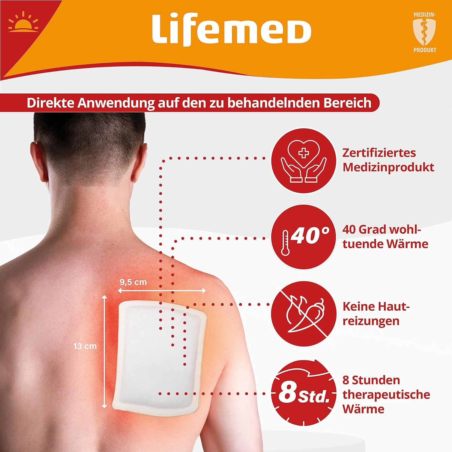 Rücken eines Mannes mit Wärmepflaster. Zeigt 9,5 cm x 13 cm Pflaster, 40°C Wärme, keine Hautreizungen, 8 Stunden therapeutische Wärme.